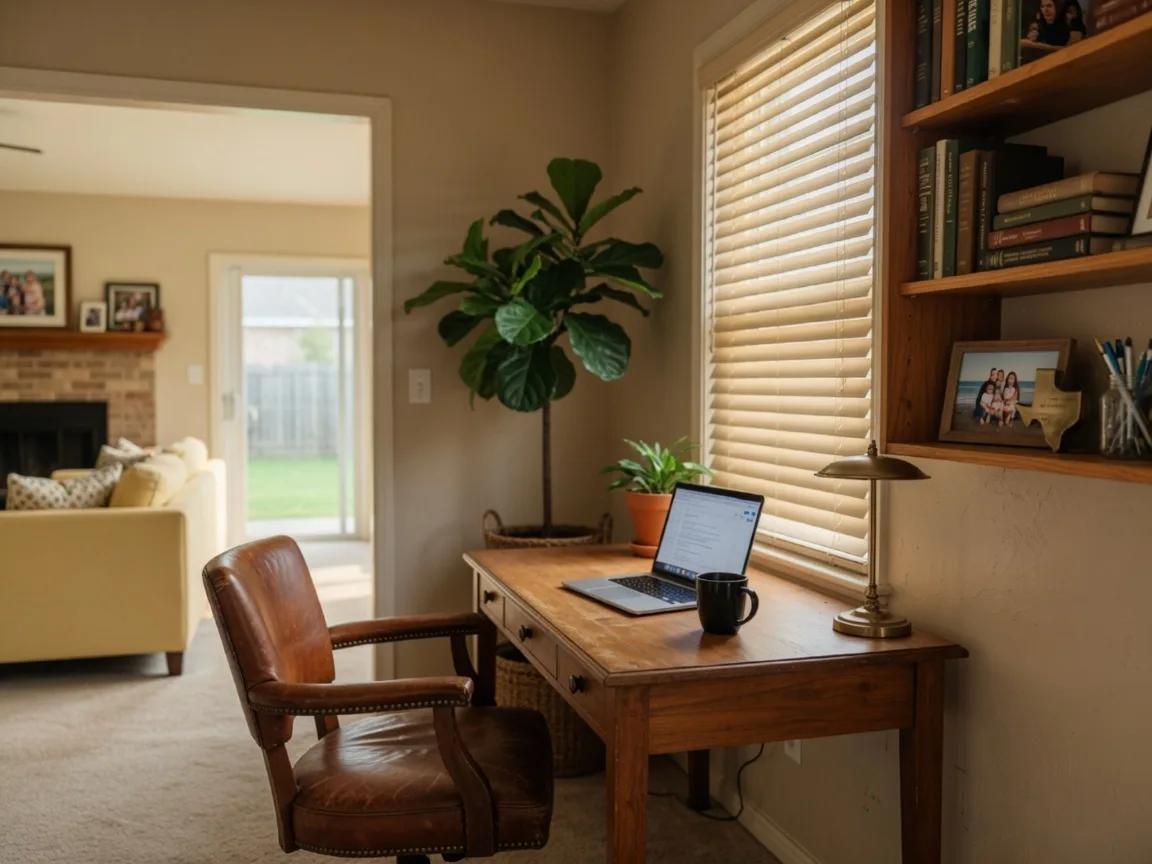 A dedicated home office space with warm natural light, desk, and comfortable seating, representing the private office at 8003 Beaver Street