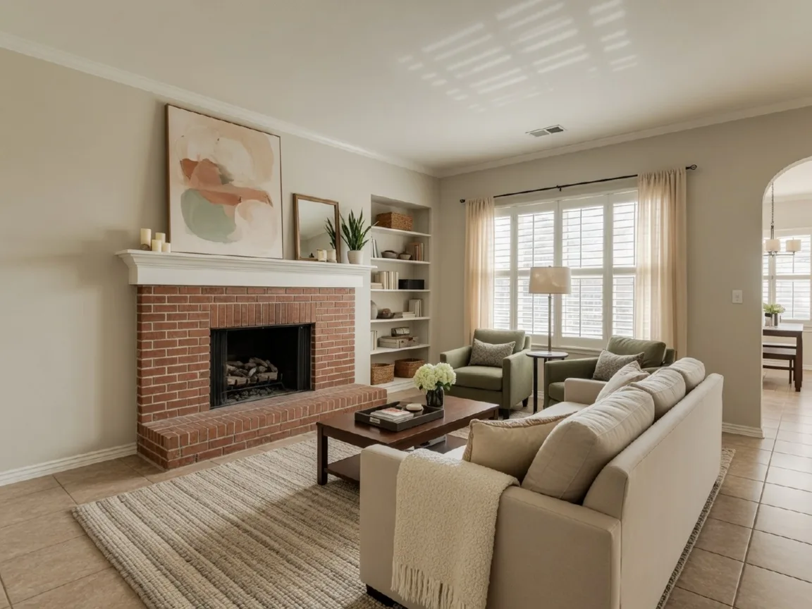Cozy living room with brick fireplace at 12011 Doubleday Drive