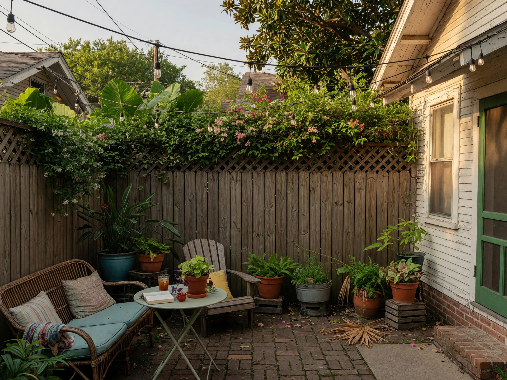 Private patio at a Heights bungalow with outdoor seating and greenery