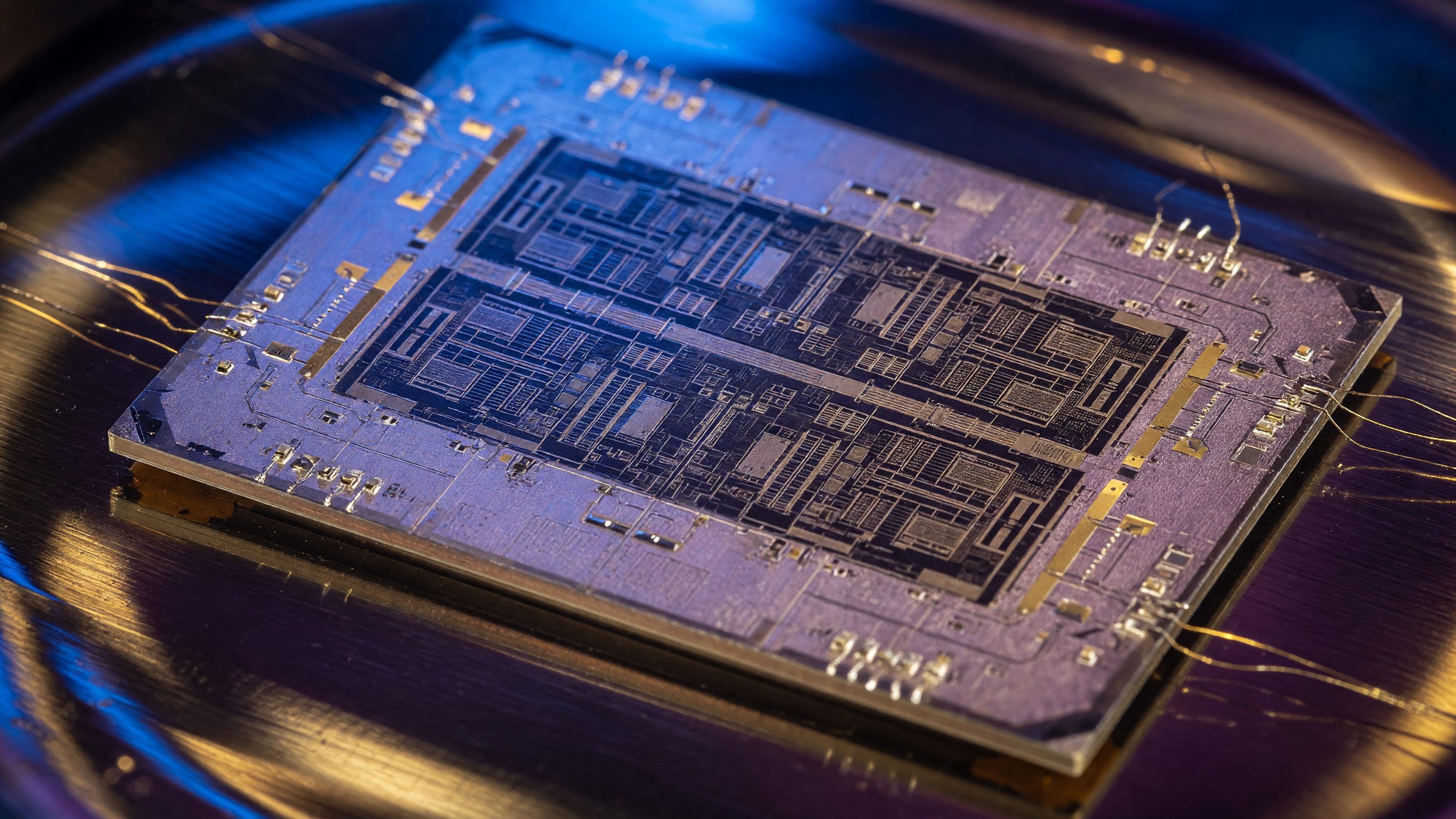 Macro close-up of a Micron semiconductor memory chip with intricate metallic circuitry on a silicon wafer, illuminated in cool blue and gold light
