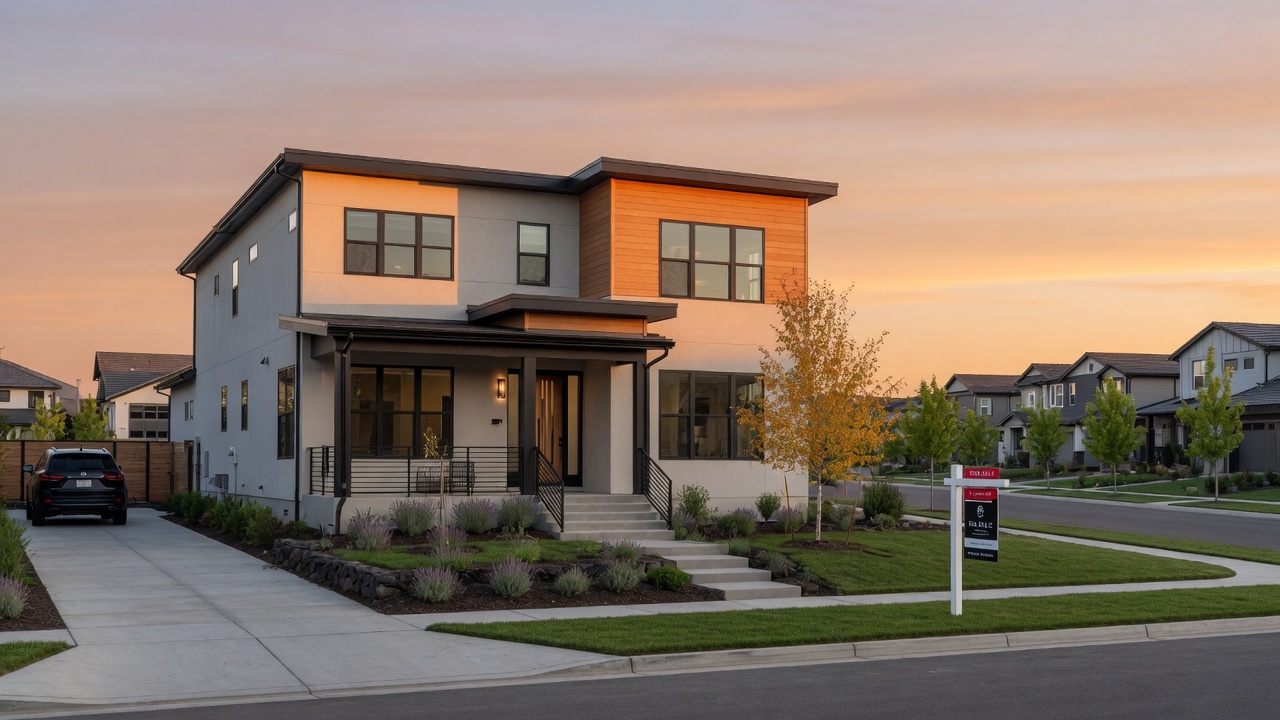 A Boise suburban home at golden hour with warm sunset light on the front facade