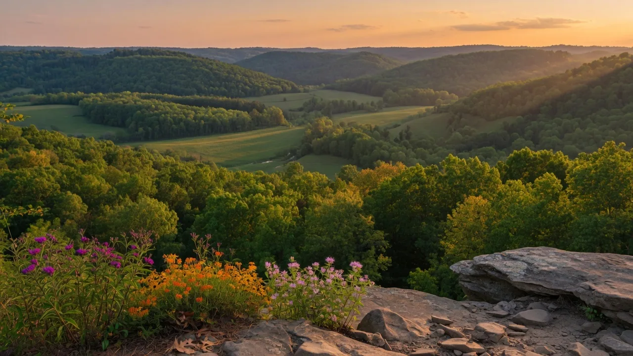 A scenic overlook from a rocky outcrop looking out over a rolling green forested valley in golden afternoon light