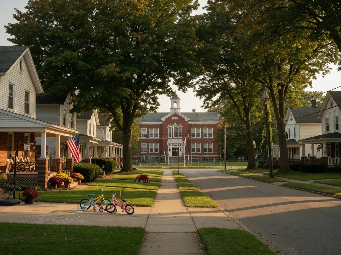 A quiet tree-lined suburban street in Northeast Ohio with well-maintained homes, green lawns, and a school visible at the end of the street