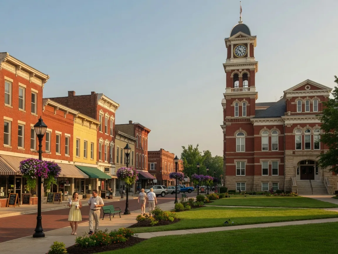 Medina Ohio's historic town square featuring the courthouse clock tower, brick storefronts, and flower baskets on a sunny summer morning