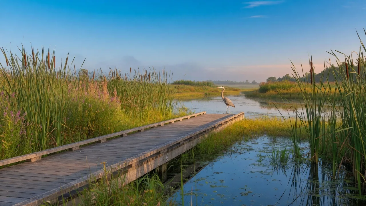 A wooden boardwalk trail crossing over a wetland marsh in a Northeast Ohio park, with cattails and reflective water