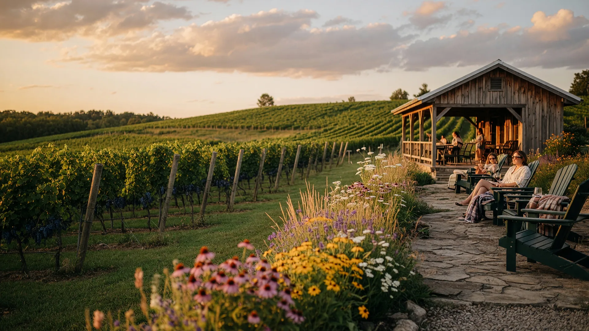 Rolling vineyards in Ohio's Grand River Valley wine region on a late summer afternoon with golden sunlight