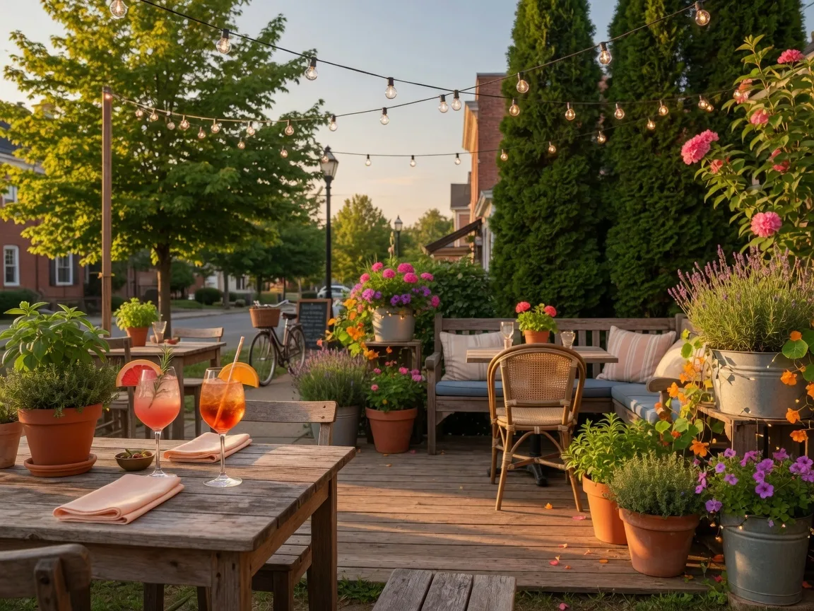 An outdoor restaurant patio with wooden tables, potted plants, and string lights on a warm summer evening