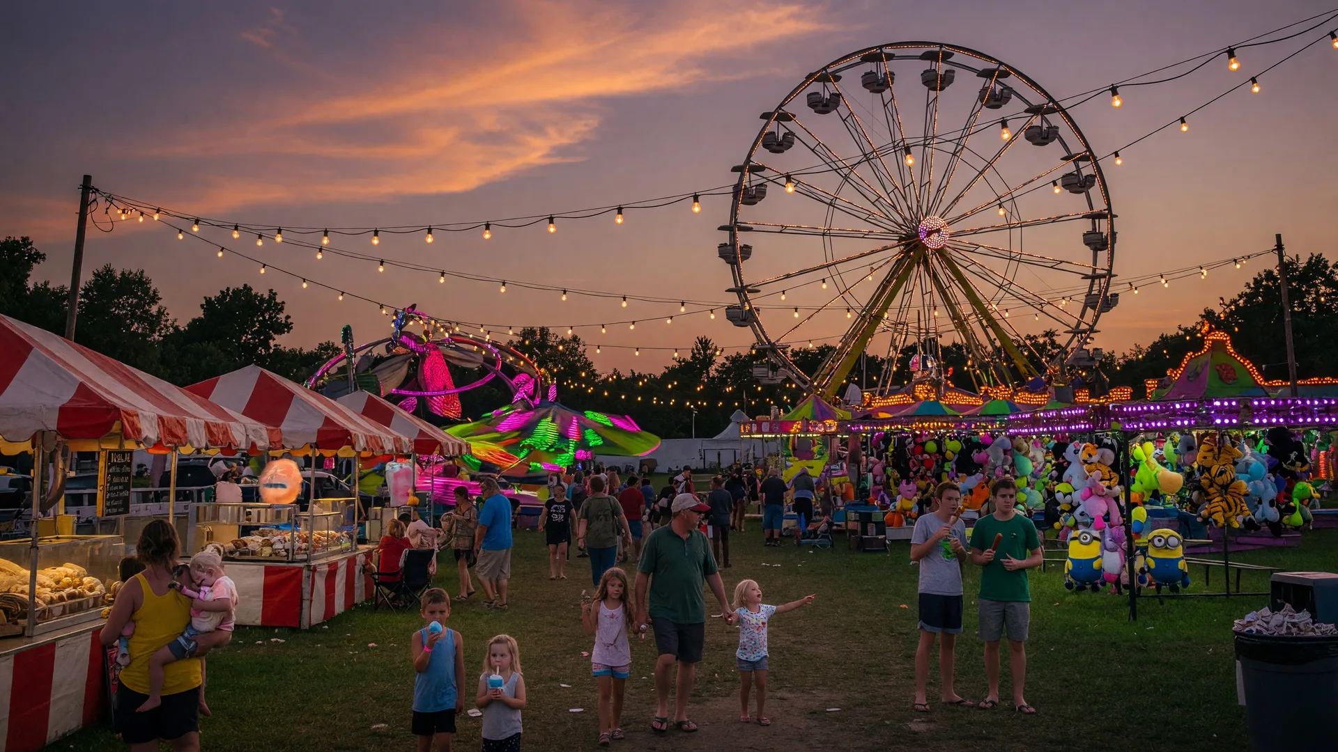 Colorful carnival rides and midway lights at a summer county fair in Northeast Ohio at dusk