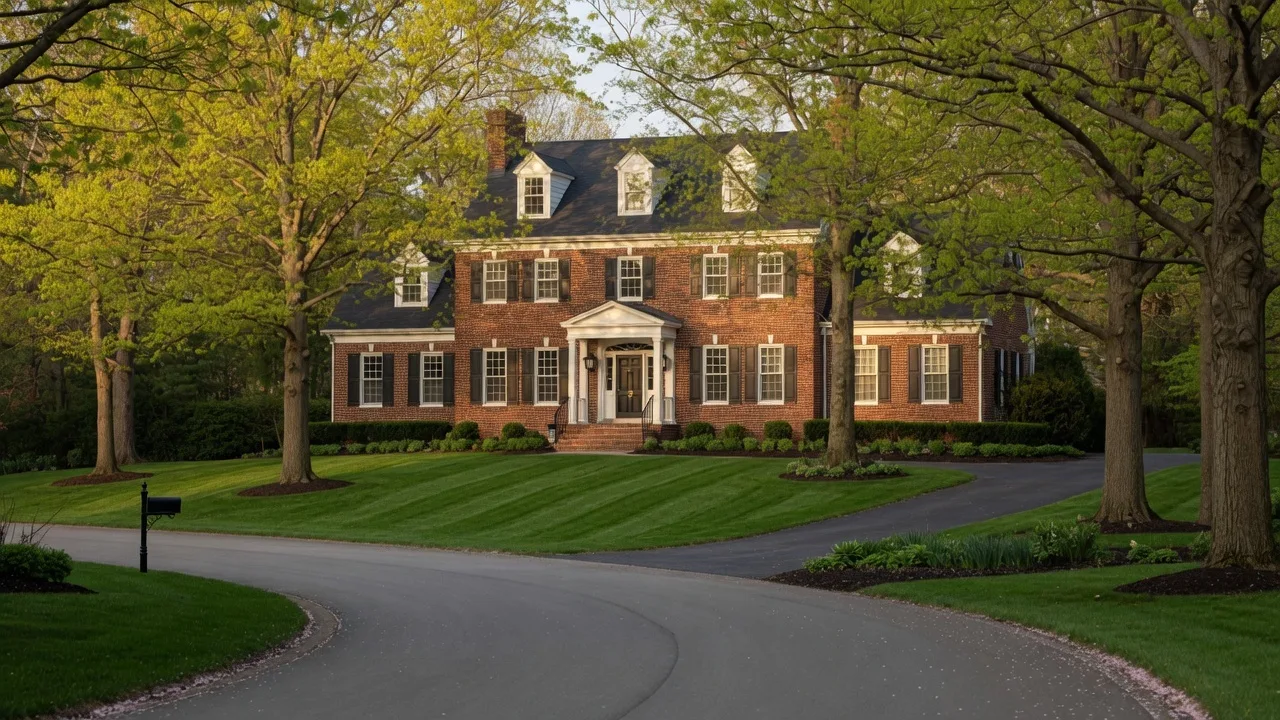 Estate-style colonial home on a tree-lined street in Pepper Pike, Ohio