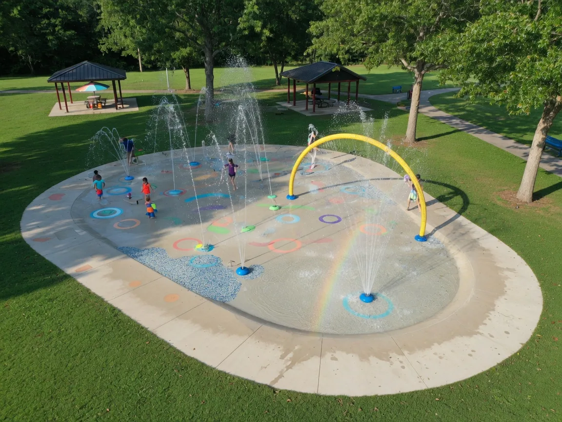 A modern community splash pad with colorful ground-level fountains and spray features in a sunny park setting