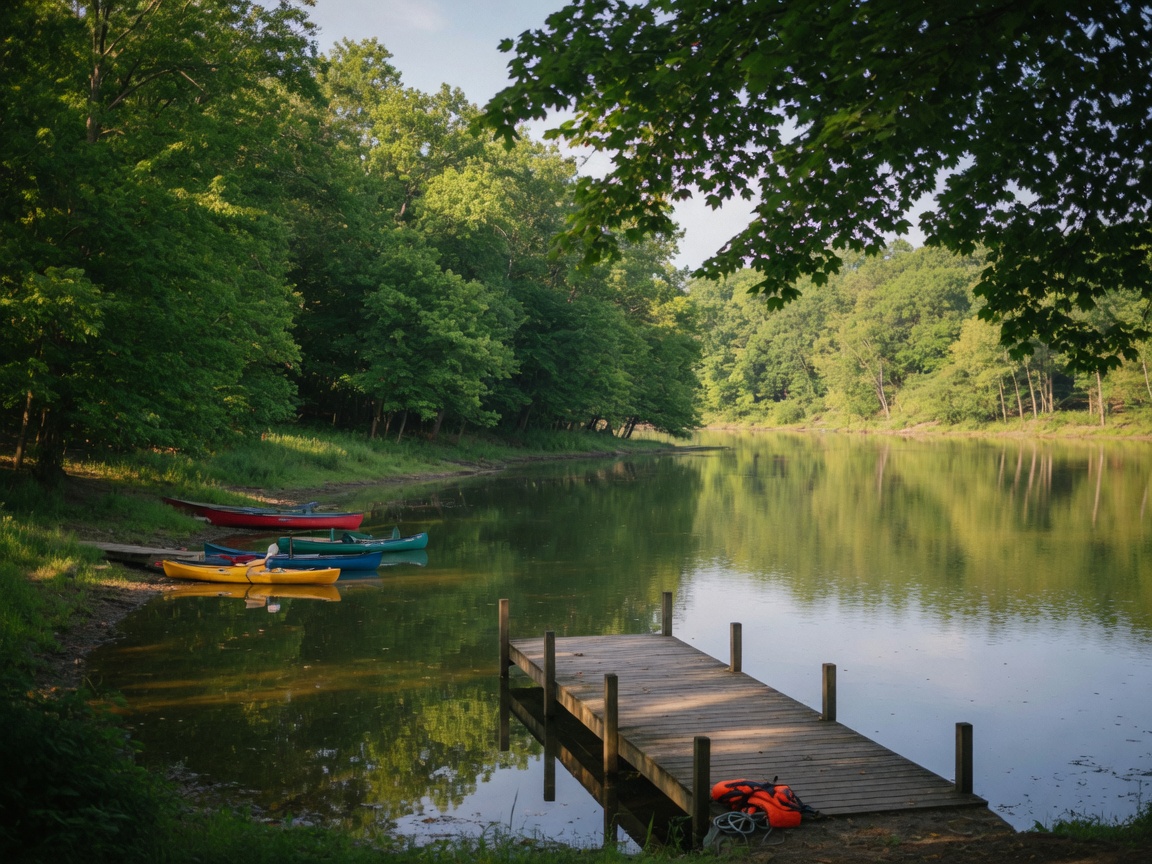 Hinckley Lake in the Cleveland Metroparks surrounded by lush green trees on a calm summer morning