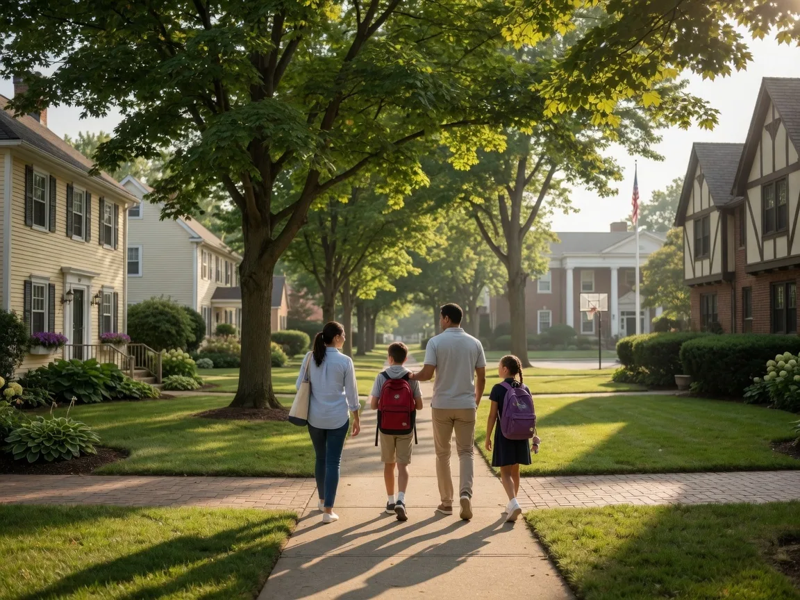 A family walking along a tree-lined sidewalk in an upscale Northeast Ohio suburb, approaching a school in the distance on a sunny late summer morning