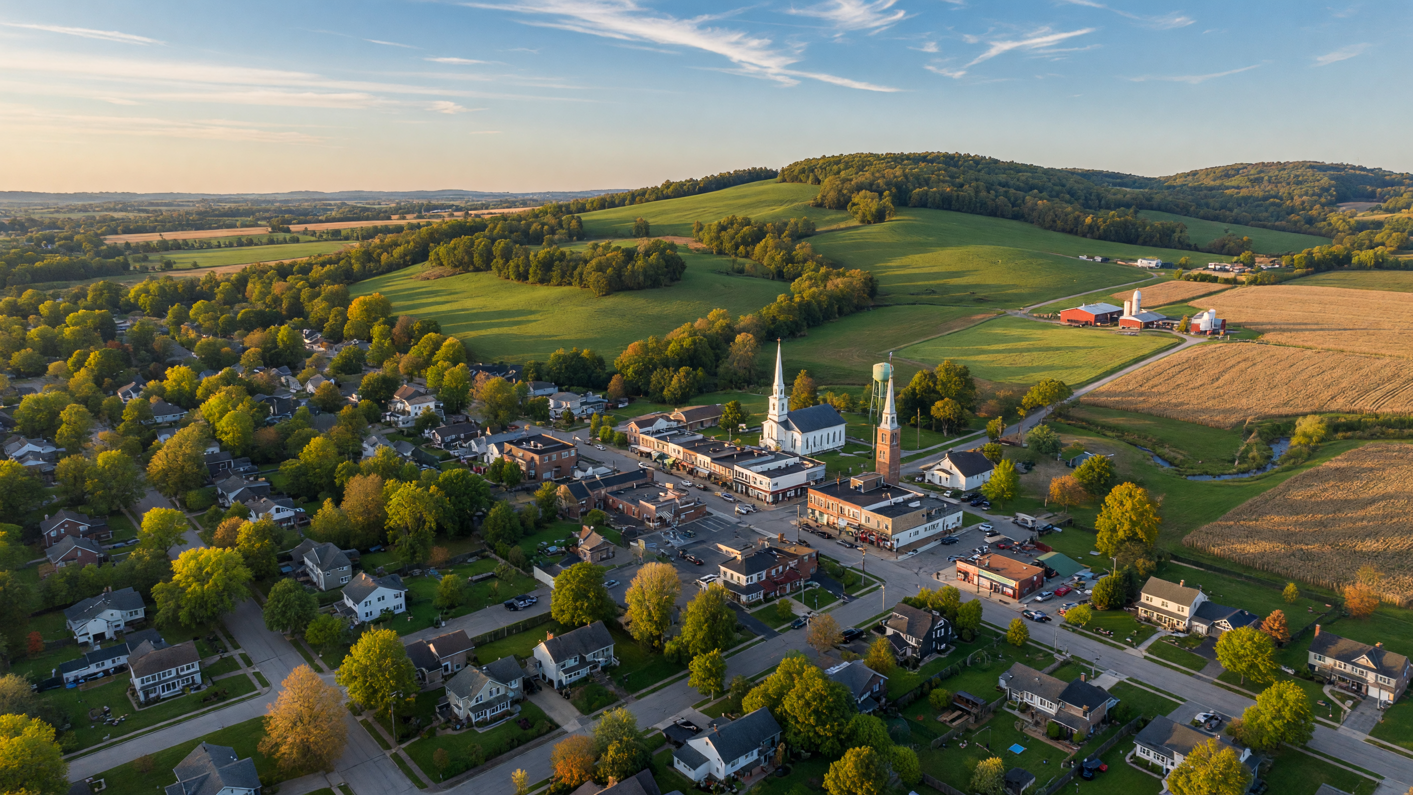 Aerial view of a picturesque Northeast Ohio suburban landscape with rolling green hills, tree-lined streets, and golden autumn light