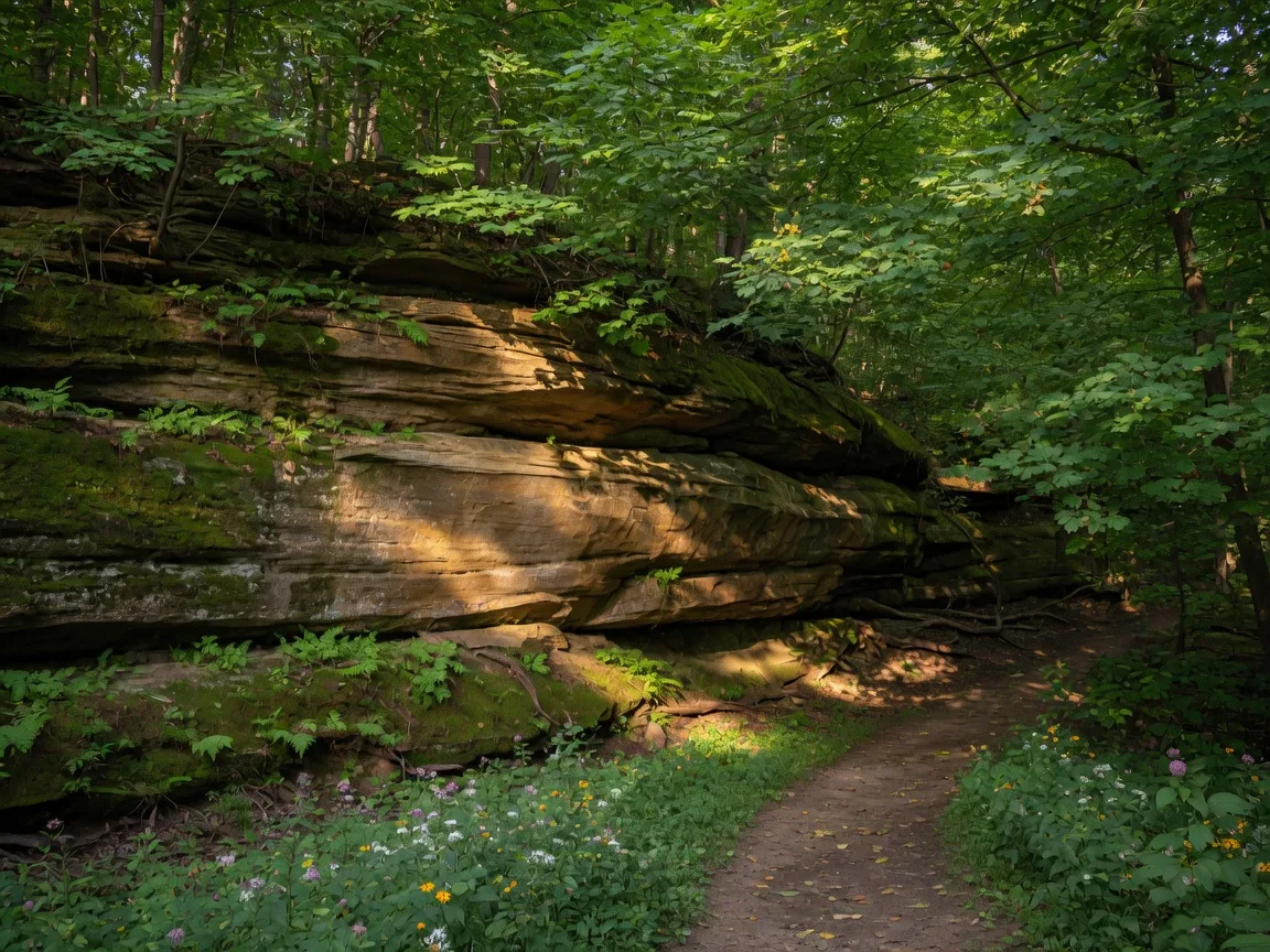 Dramatic sandstone ledges covered in moss and ferns rise above a shaded hiking trail in The West Woods, Geauga County, Ohio, with dappled sunlight filtering through a lush summer canopy