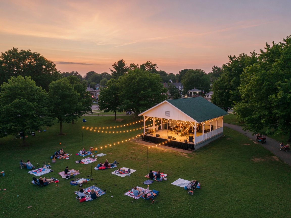 A charming small-town Ohio main street decorated for summer celebrations with American flags and warm evening light