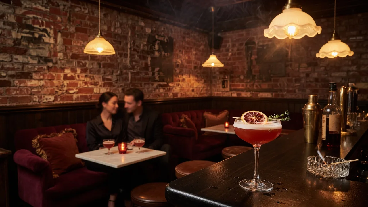 Moody speakeasy cocktail bar interior with warm lighting and dark wood accents