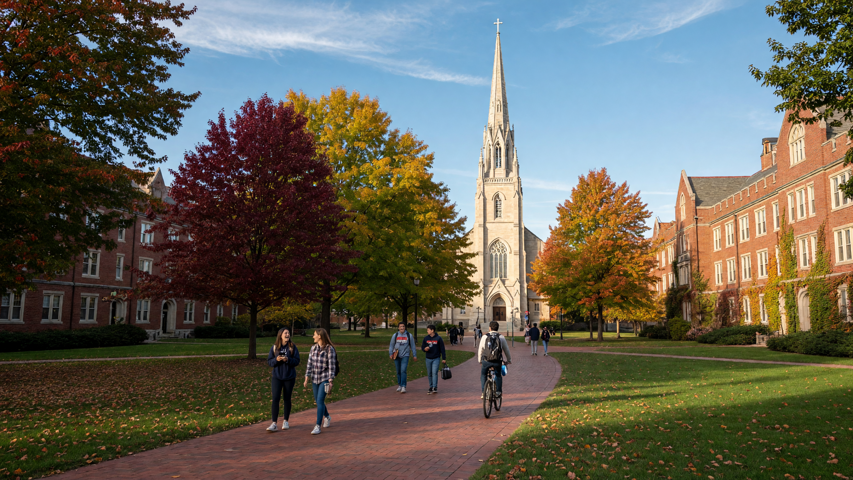 The University of Dayton campus quad with the Chapel of the Immaculate Conception spire visible above tree-lined brick walkways on a sunny day