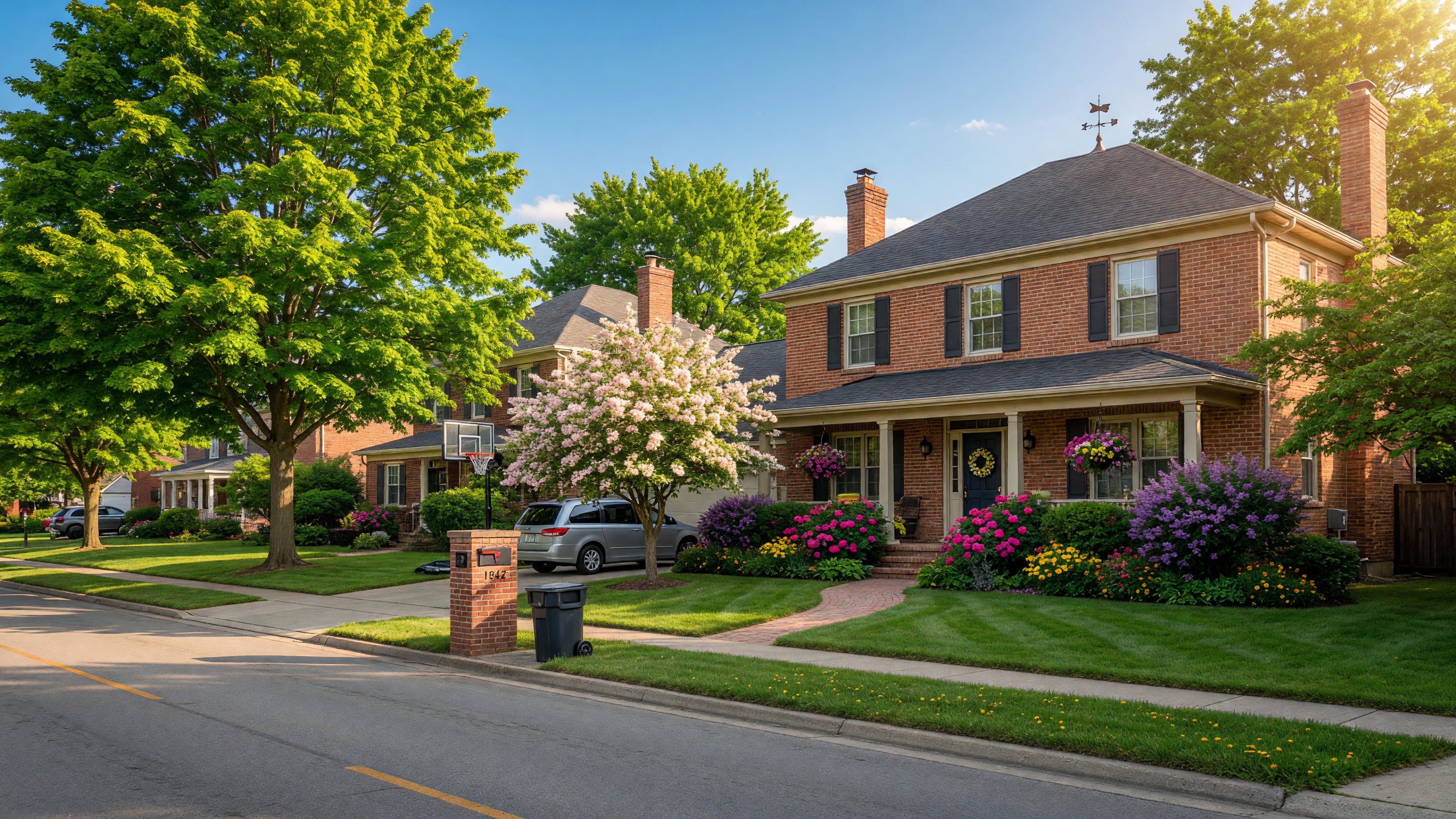 Beautiful brick home in a Beavercreek, Ohio neighborhood on a bright sunny summer day — lush green trees, blue sky, and warm sunlight — representative of the Dayton area communities Jason White serves