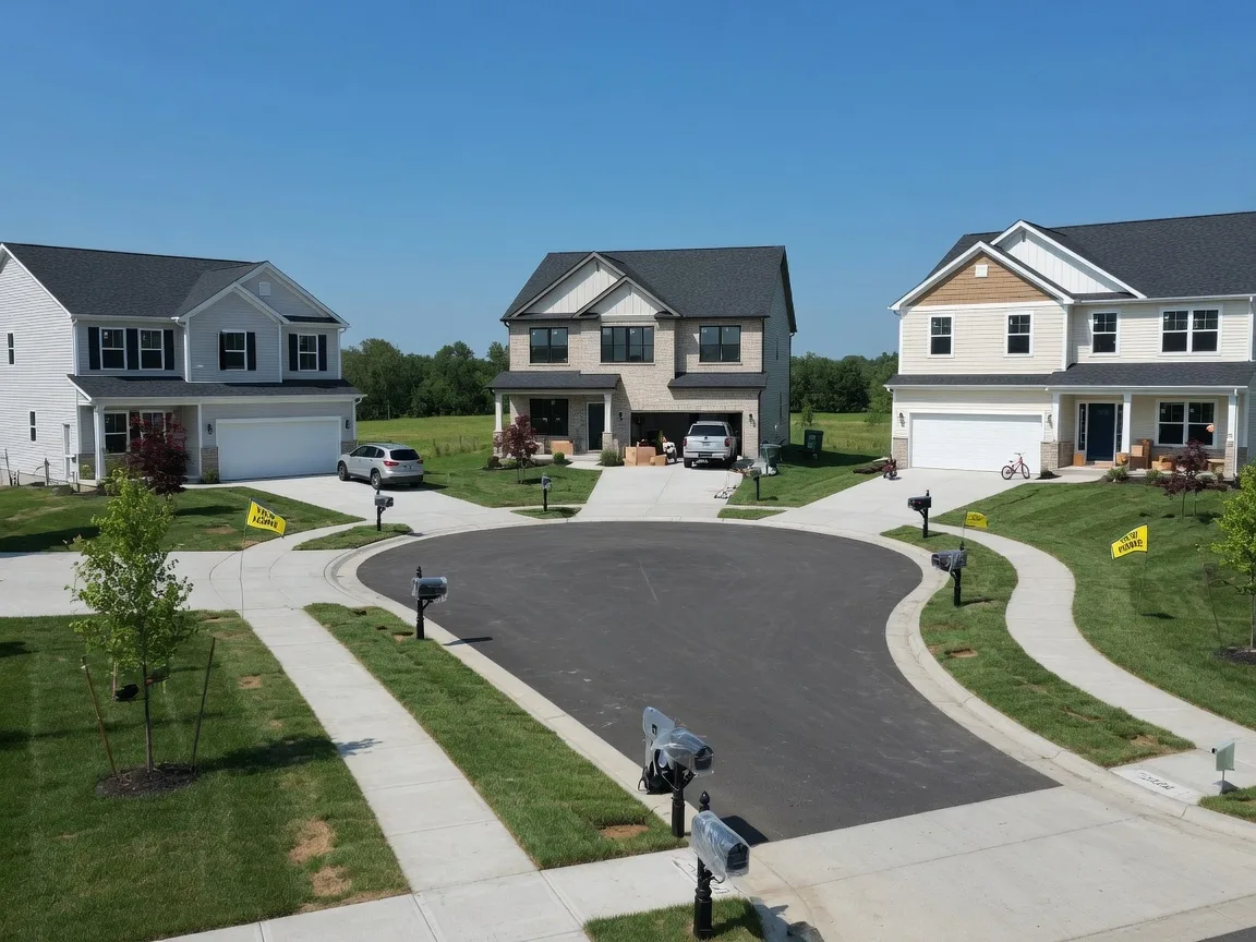 New construction single-family homes in a suburban Dayton community with fresh lawns and tree-lined streets
