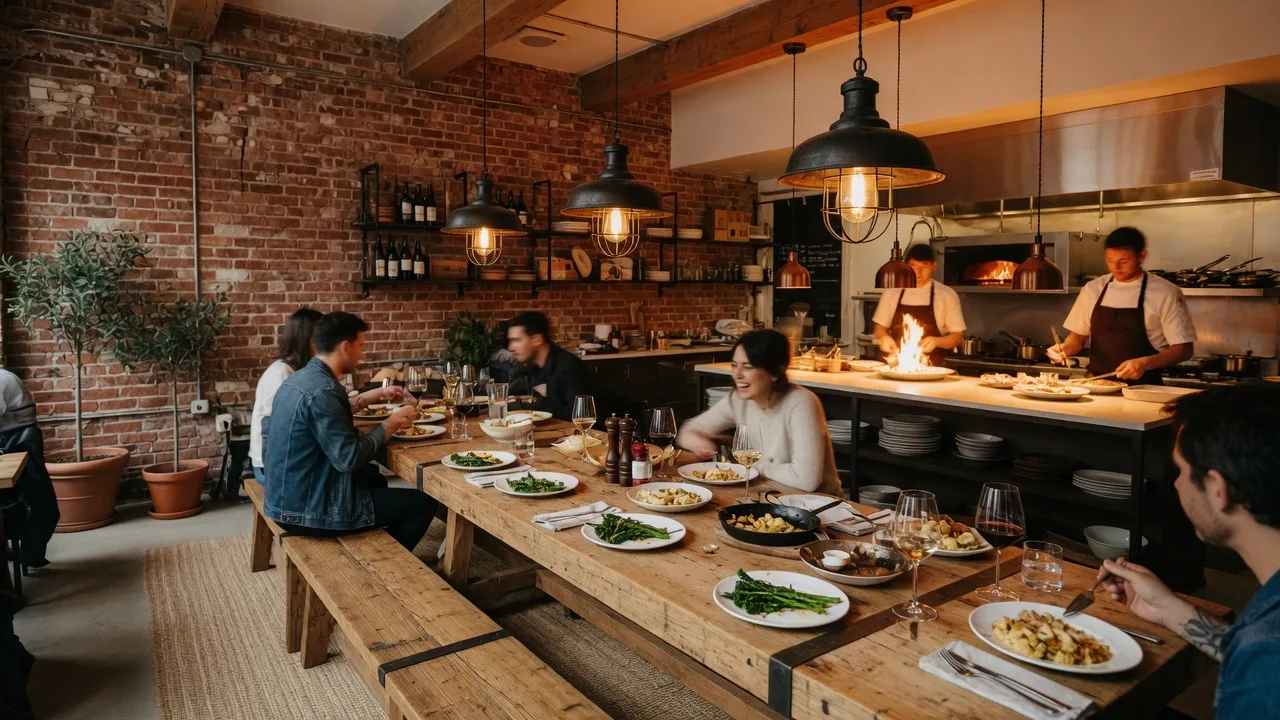 Modern restaurant interior with warm lighting and contemporary design