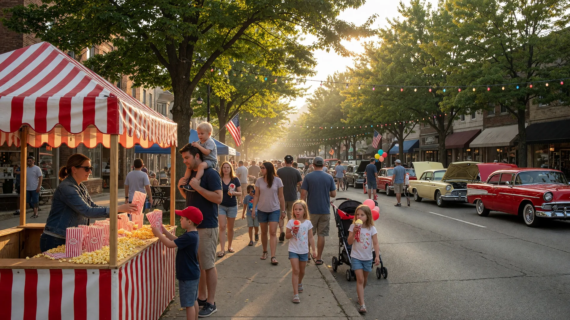 Late summer community festival in a small Ohio town with popcorn booths, classic cars, and families on a tree-lined street