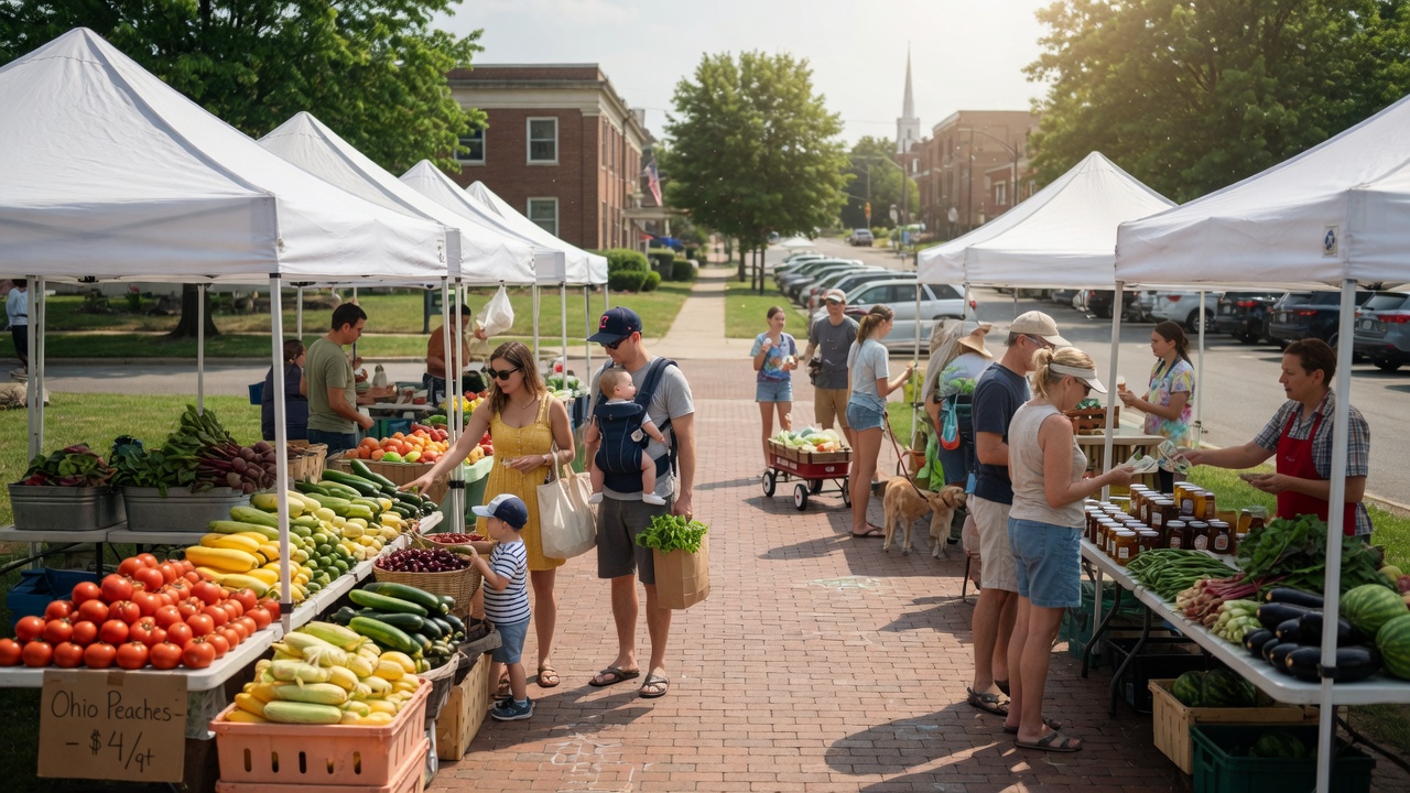 Outdoor farmers market with white vendor tents and families browsing in a suburban Ohio town