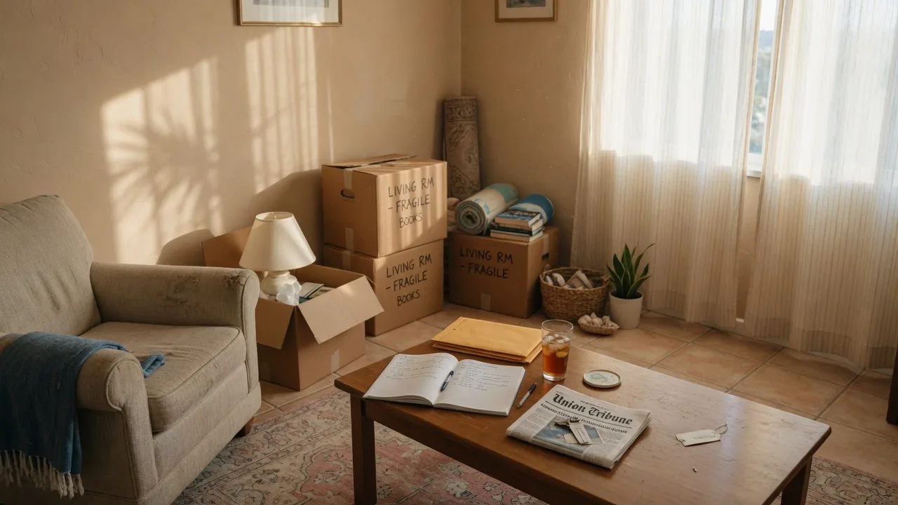 A sunlit San Diego living room with moving boxes and packed belongings, capturing the transitional nature of downsizing a family home.