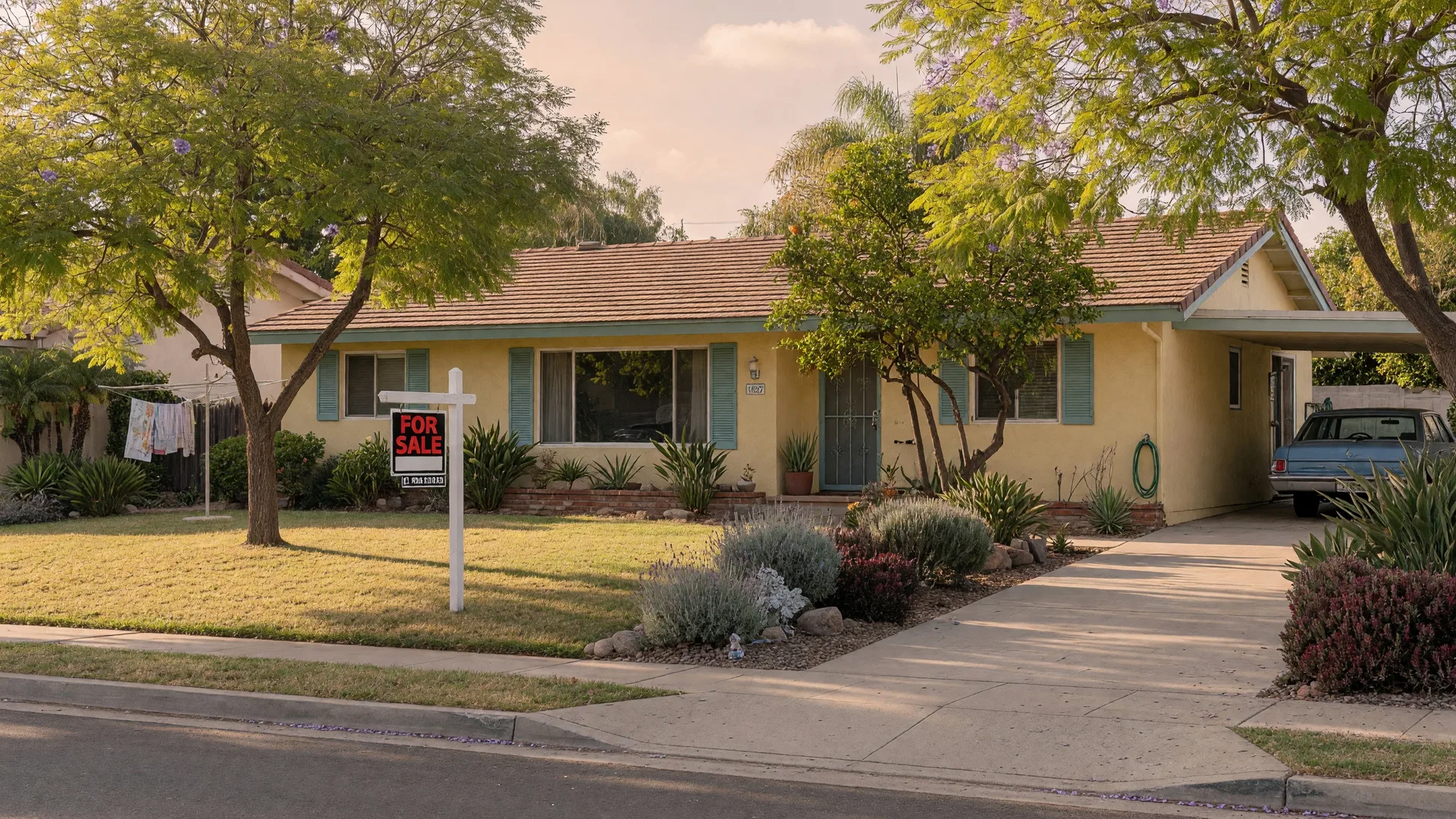 A well-maintained San Diego home with a For Sale sign in the front yard, representing the bittersweet moment of selling a family home during a senior transition.