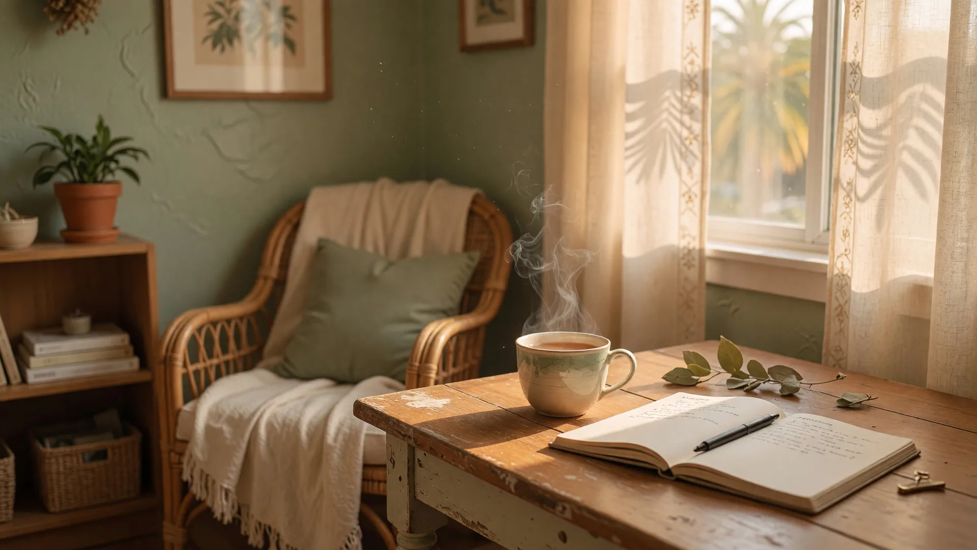 A warm, sunlit sitting area with a notebook and pen on a wooden table beside a cup of tea, evoking the calm of a consultation conversation.