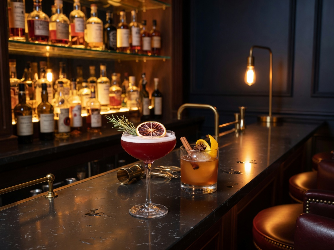 Craft cocktails on a dark marble bar with warm ambient lighting