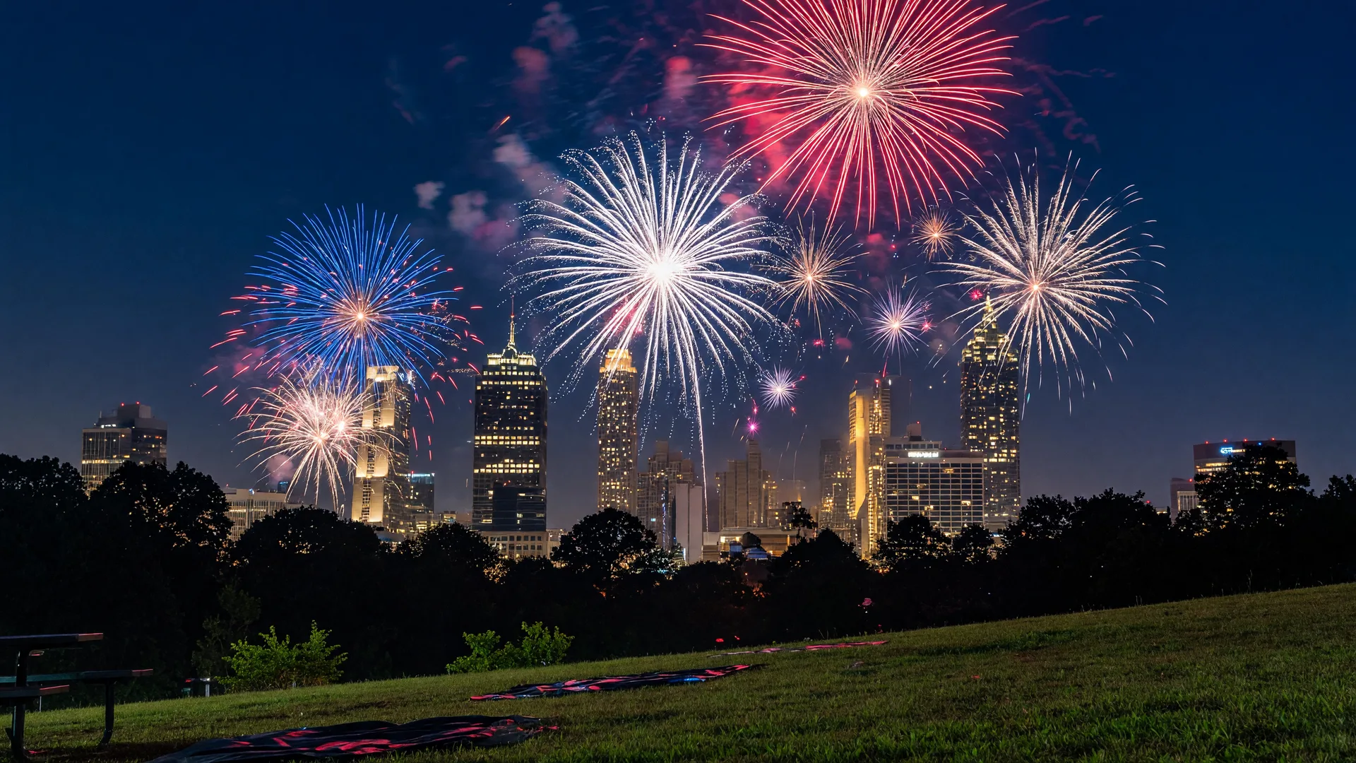 Fireworks bursting over the Atlanta skyline on the Fourth of July