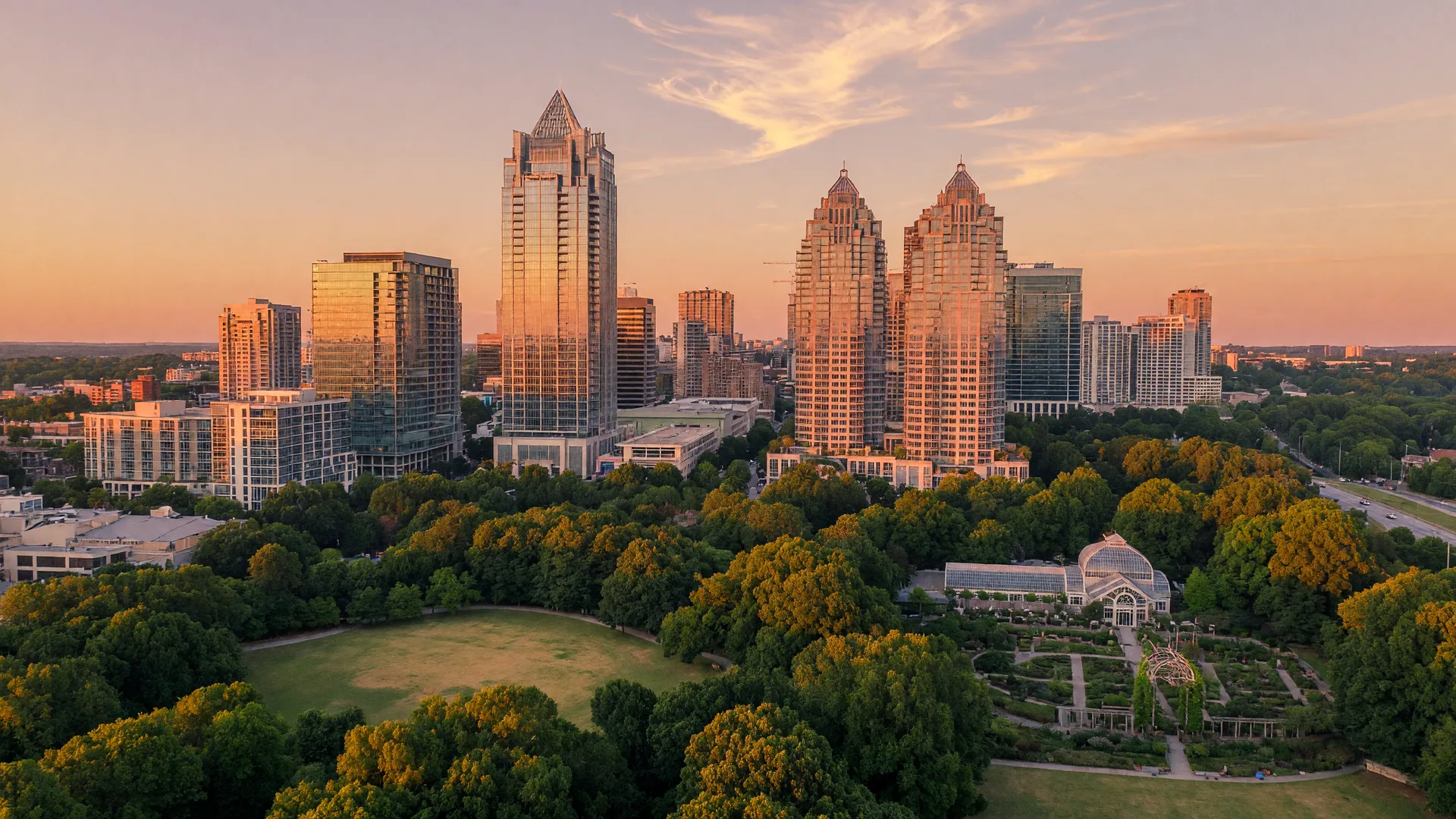 Midtown Atlanta skyline with Piedmont Park at golden hour