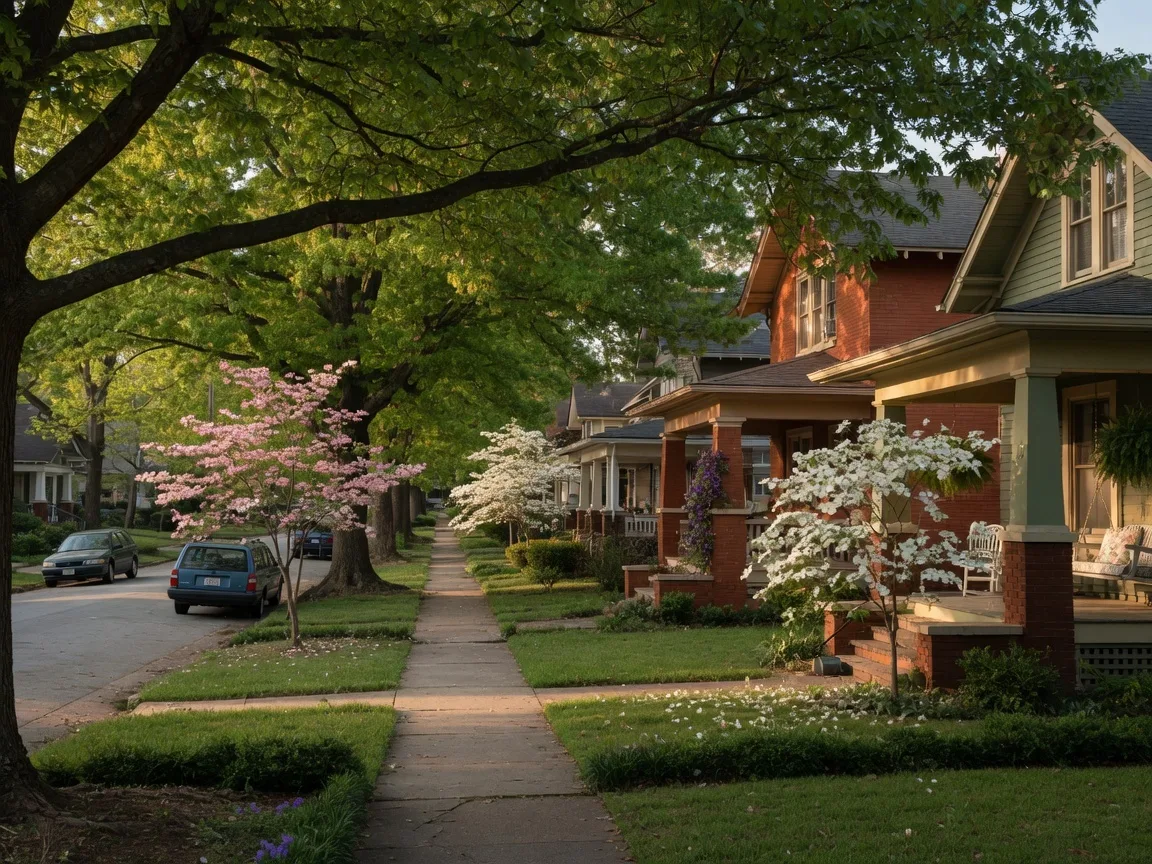 Tree-lined residential street in Decatur with historic Craftsman homes