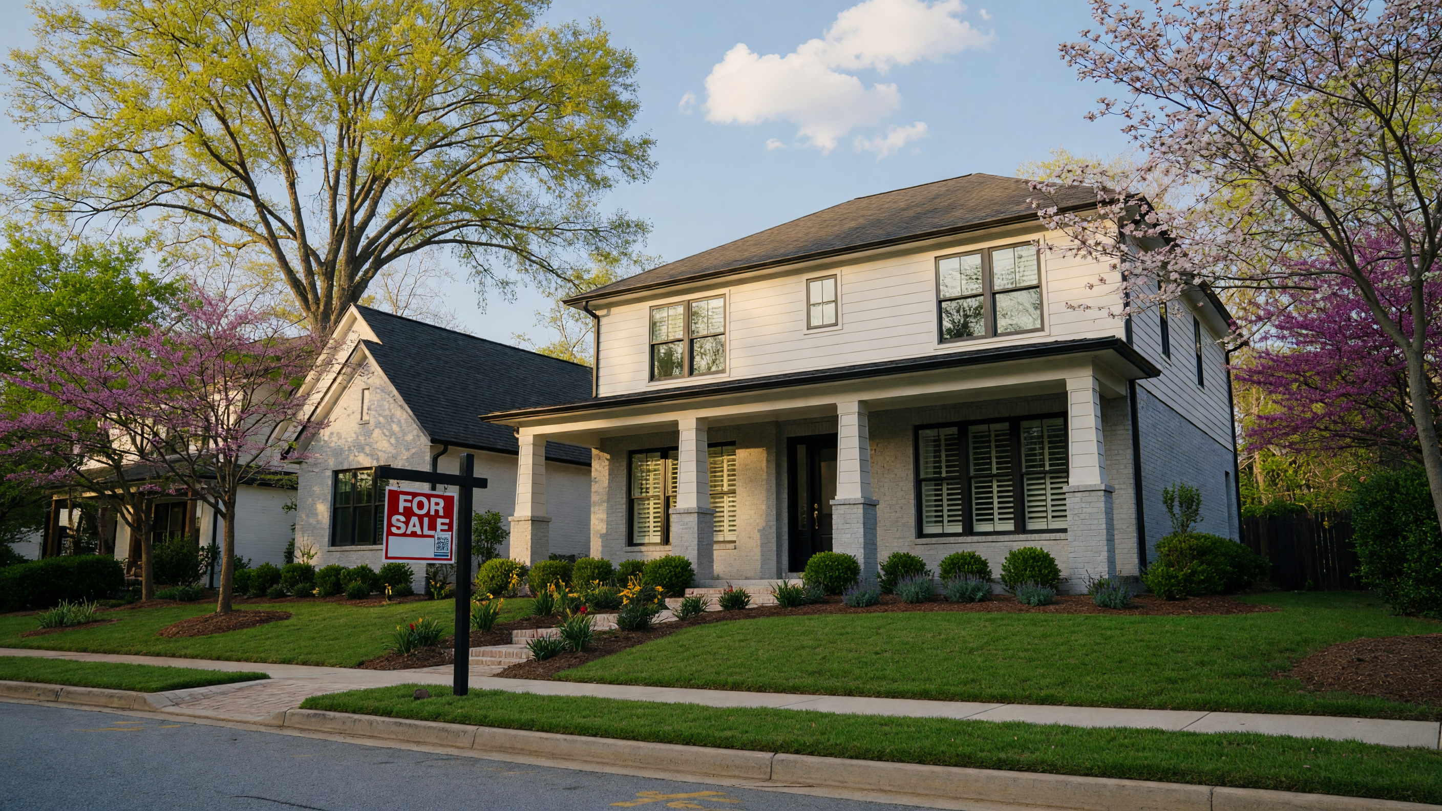 Beautiful Atlanta suburban home with For Sale sign on a sunny day
