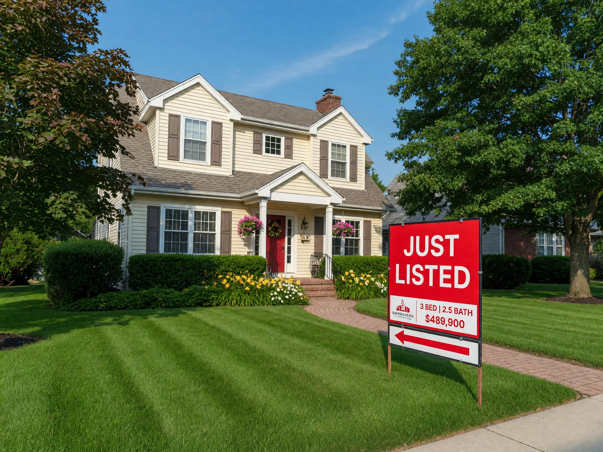 A beautiful suburban home with a bold Just Listed sign in the front yard on a bright sunny day