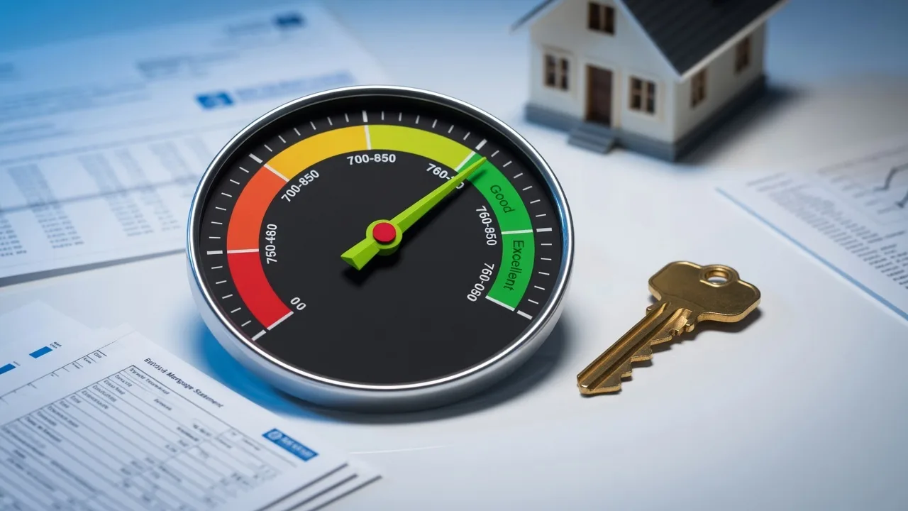 A credit score gauge pointing to the good-to-excellent range with a house key resting nearby