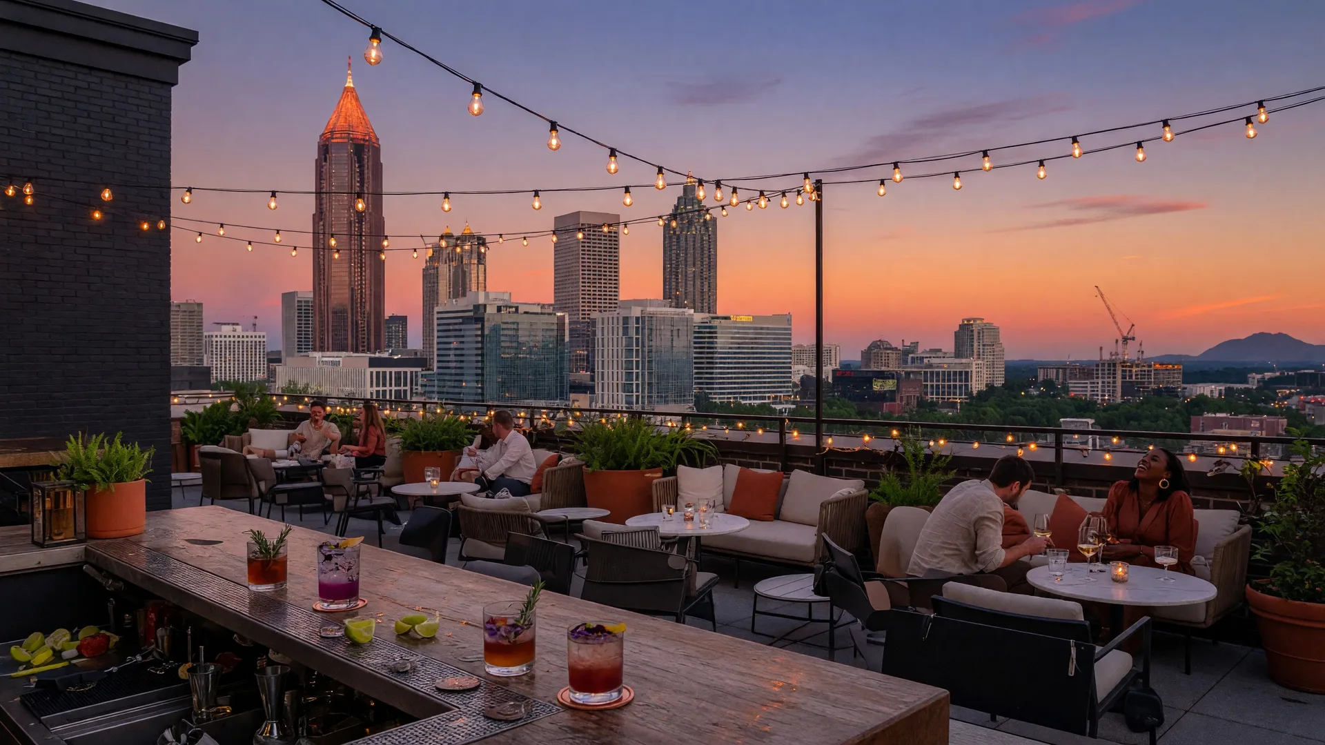 A chic rooftop bar in Atlanta at sunset with string lights, craft cocktails, and the city skyline glowing in the background