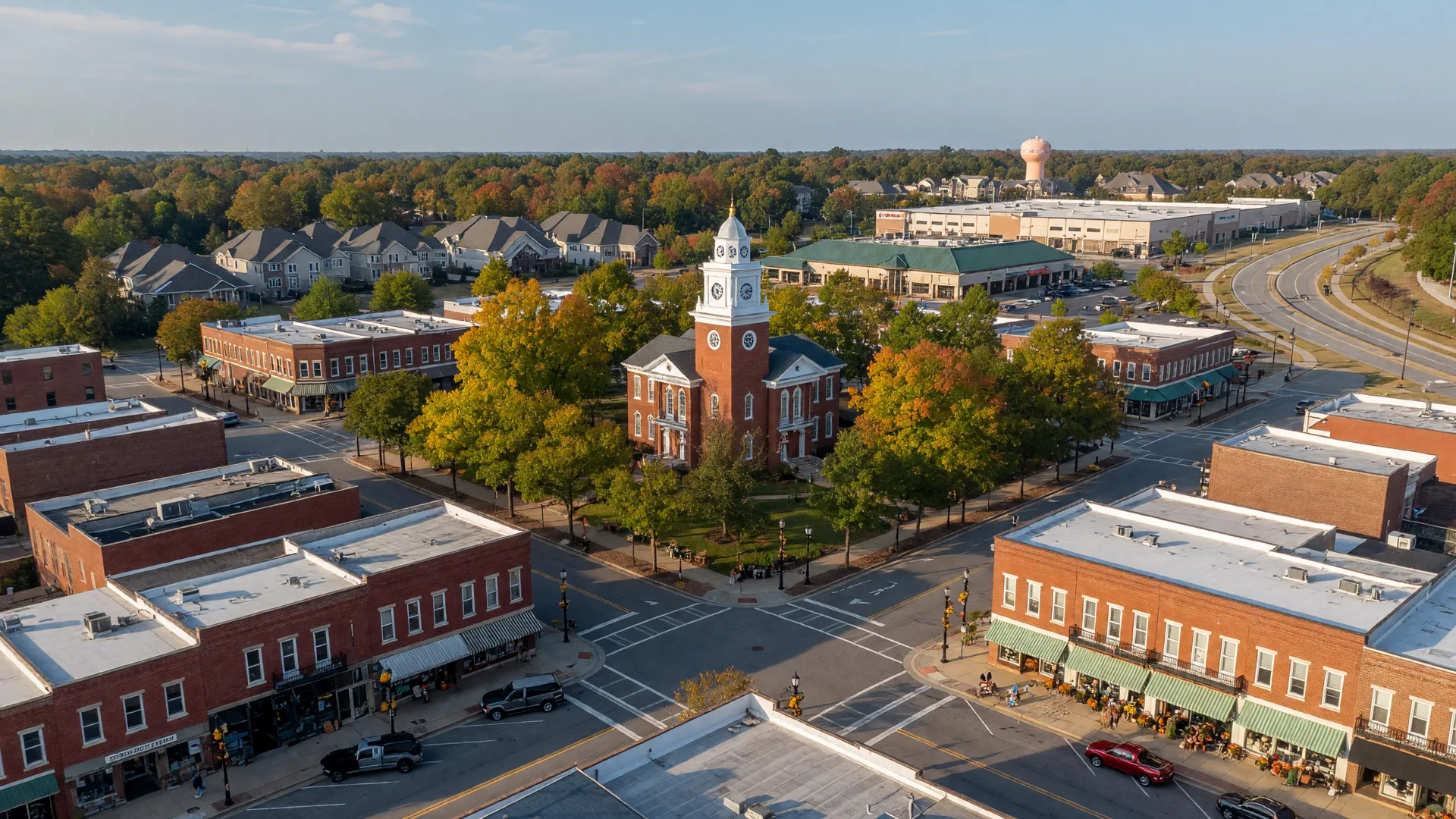 Aerial view of McDonough Georgia historic town square and surrounding neighborhoods