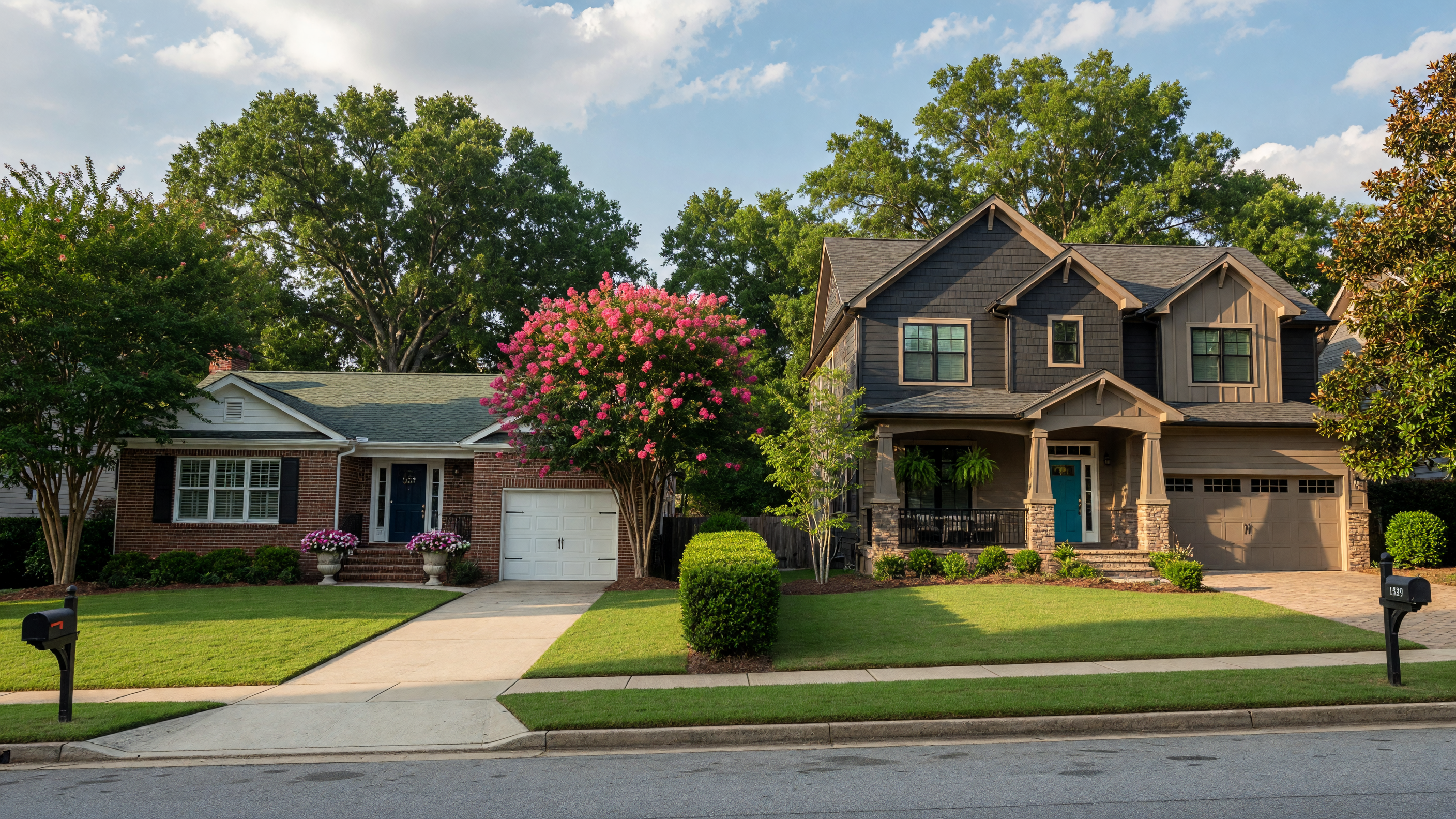 Upscale Atlanta neighborhood showing two contrasting homes on a tree-lined street