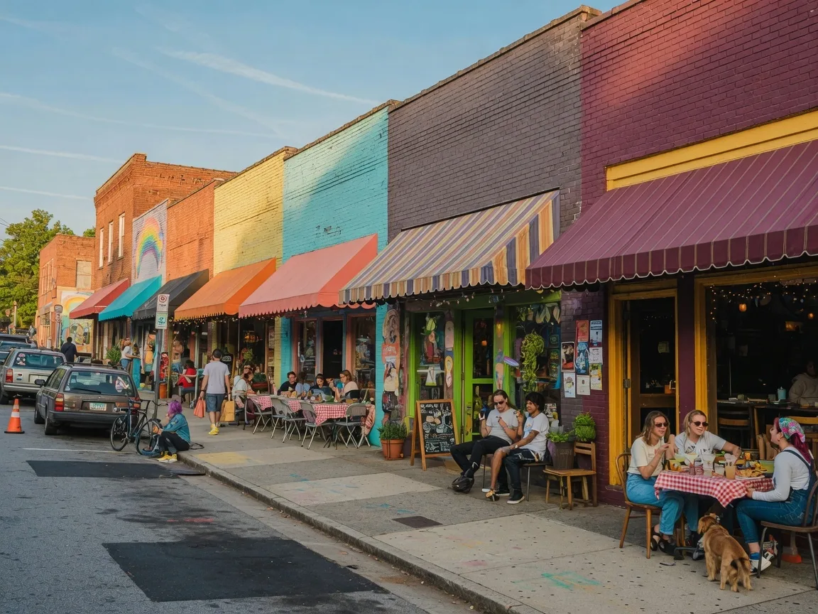 East Atlanta Village street scene with eclectic restaurants and shops