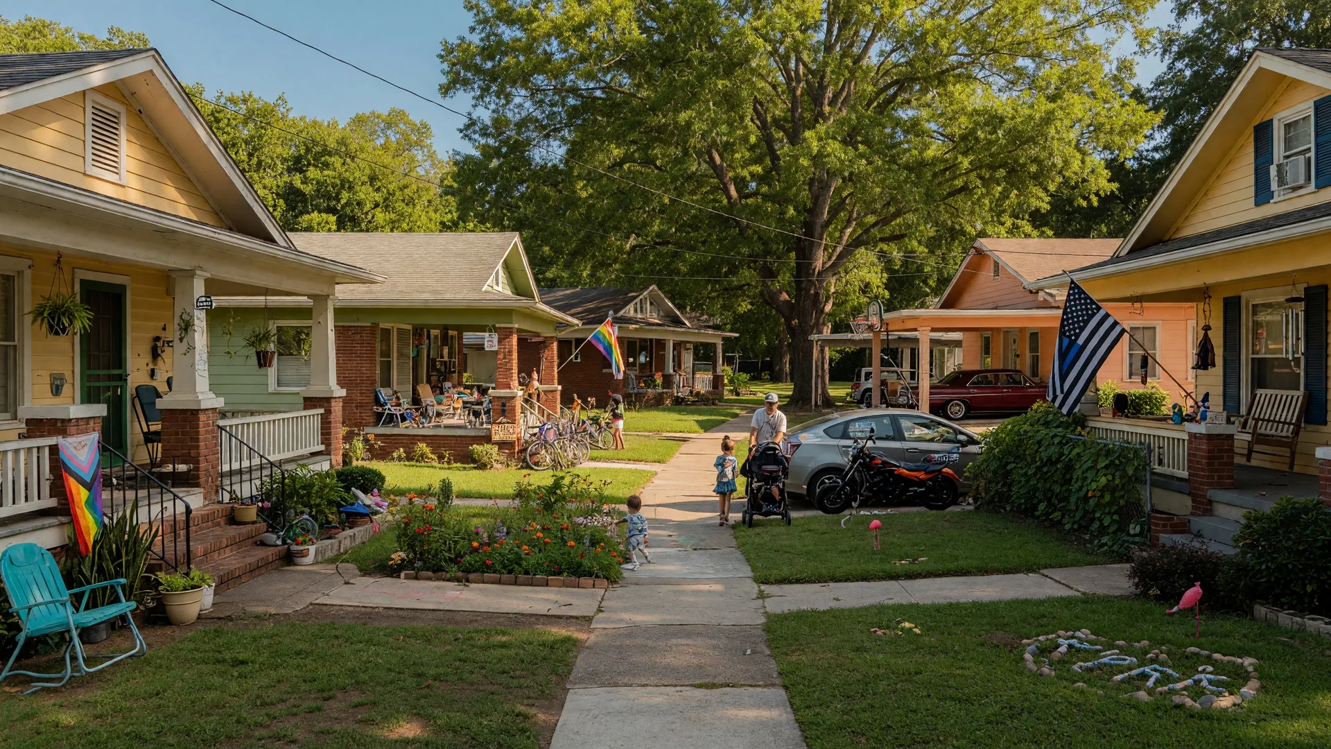 Tree-lined residential street in East Atlanta with historic Craftsman bungalows and mid-century homes