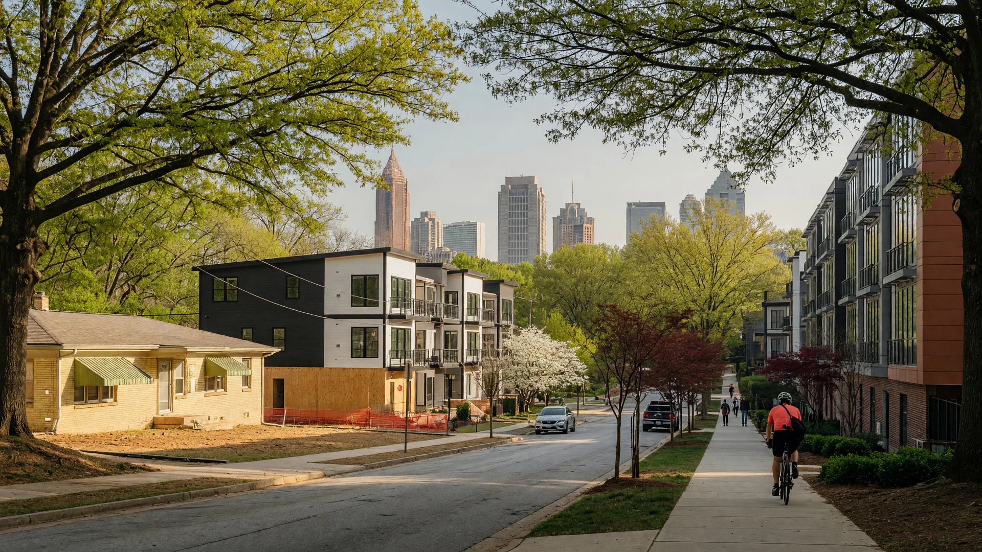 Atlanta Upper Westside streetscape with new development, mid-century homes, and skyline in the distance