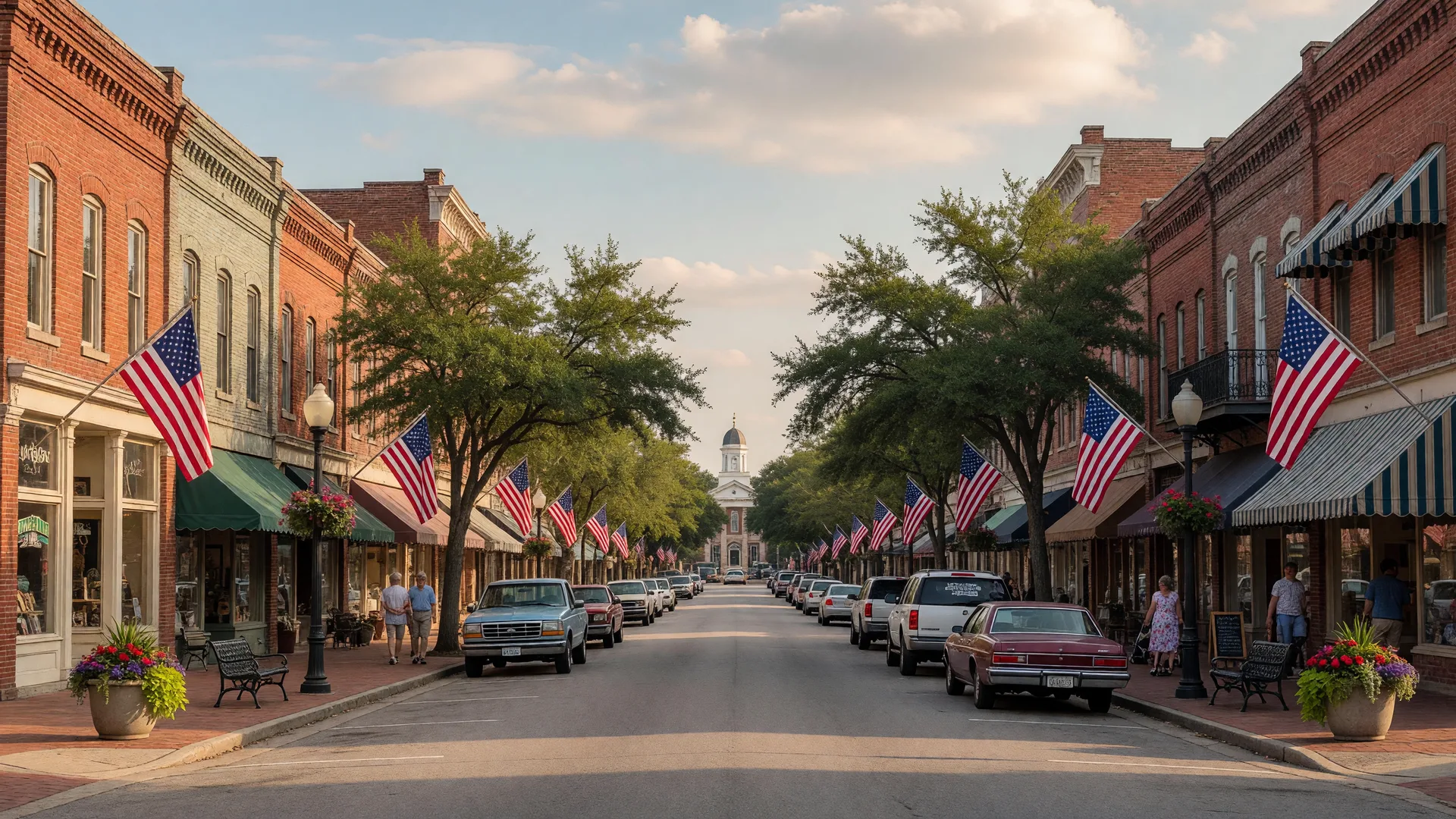 East Point Georgia historic downtown district with brick storefronts and mature trees