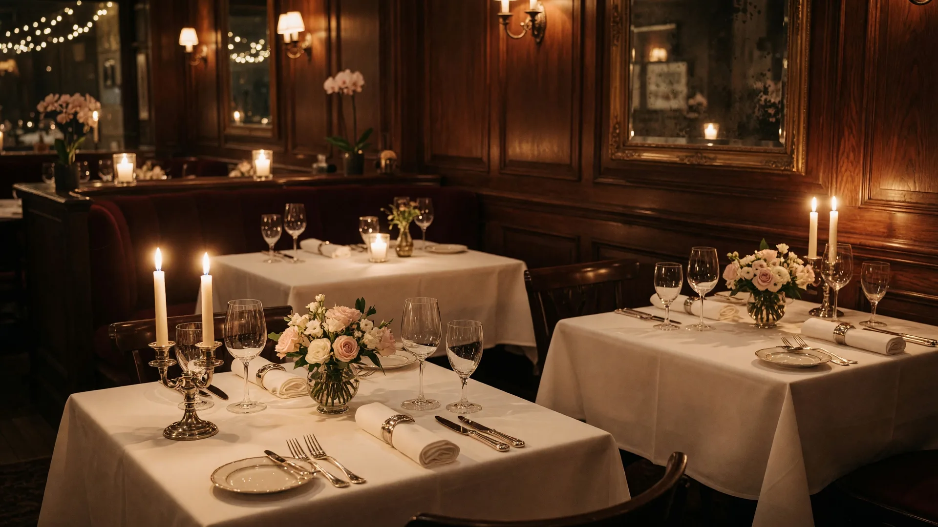 An upscale fine dining restaurant interior with white tablecloths, candlelight, and sophisticated place settings