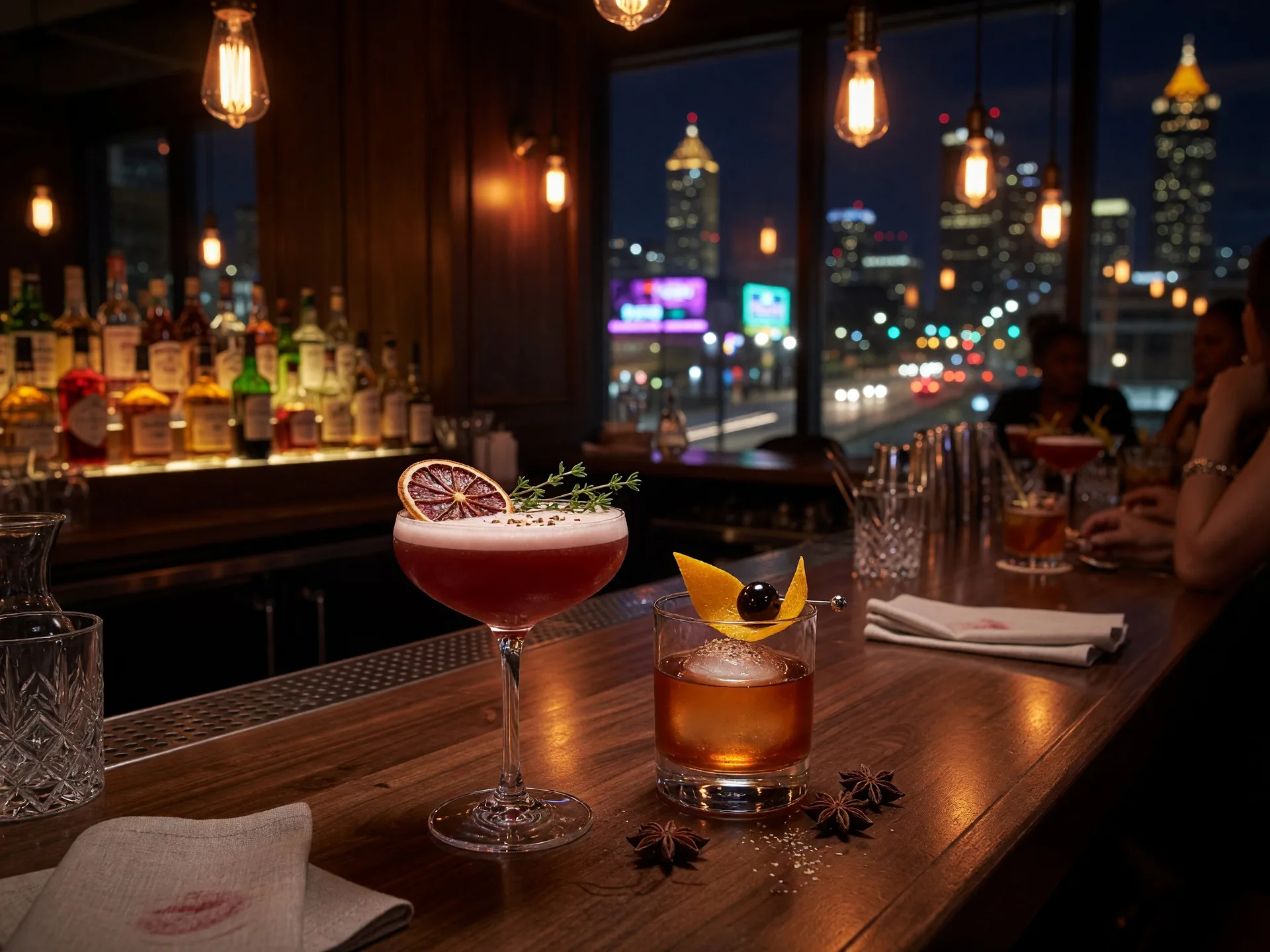 An elegant craft cocktail bar scene with beautifully garnished cocktails on a dark wood bar, warm amber ambient lighting
