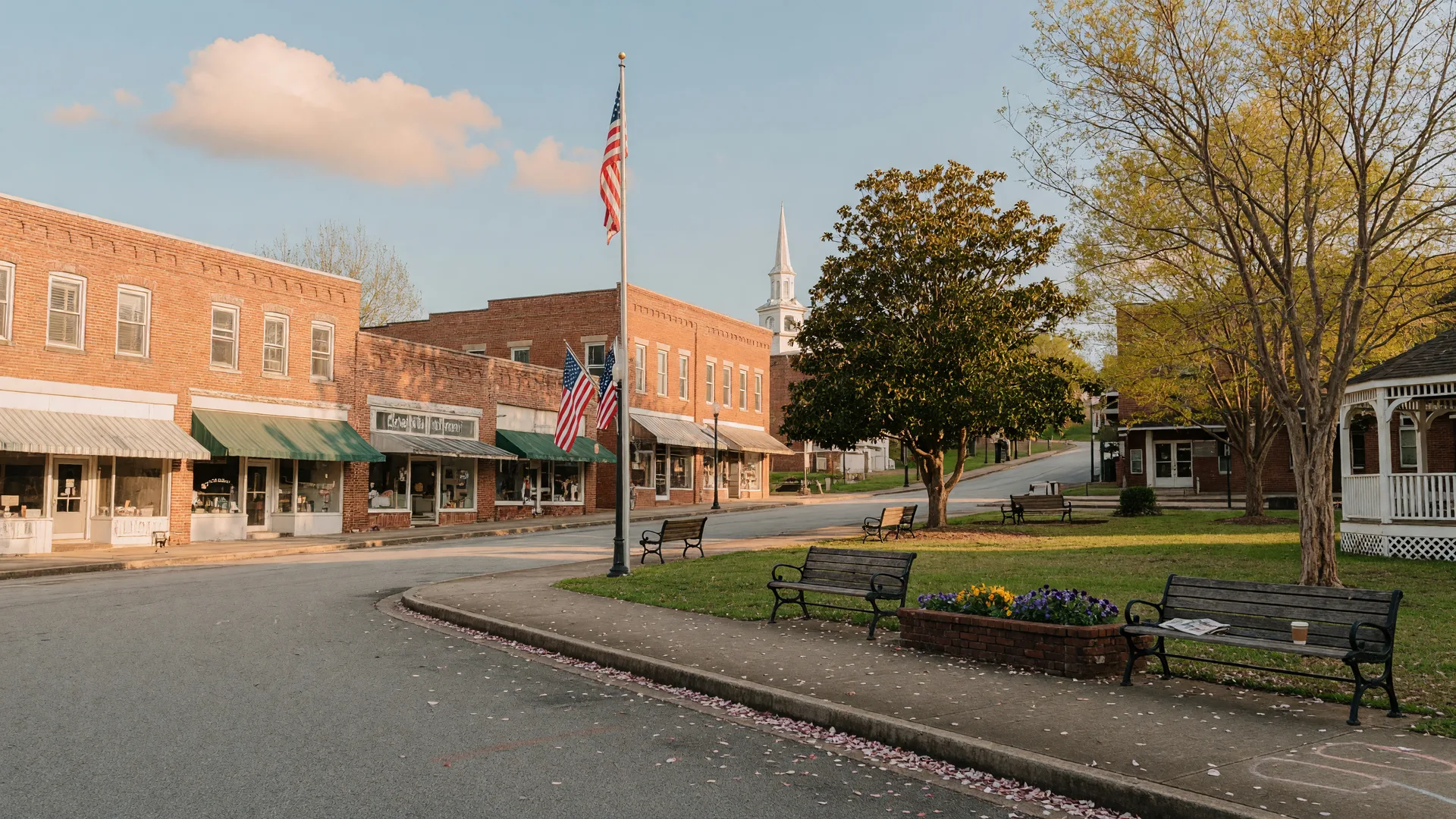 Charming downtown Grayson Georgia town square with local shops and mature trees