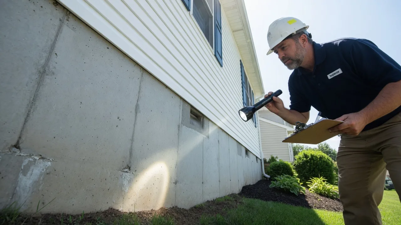 A professional home inspector with flashlight examining the foundation of a suburban house, clipboard in hand