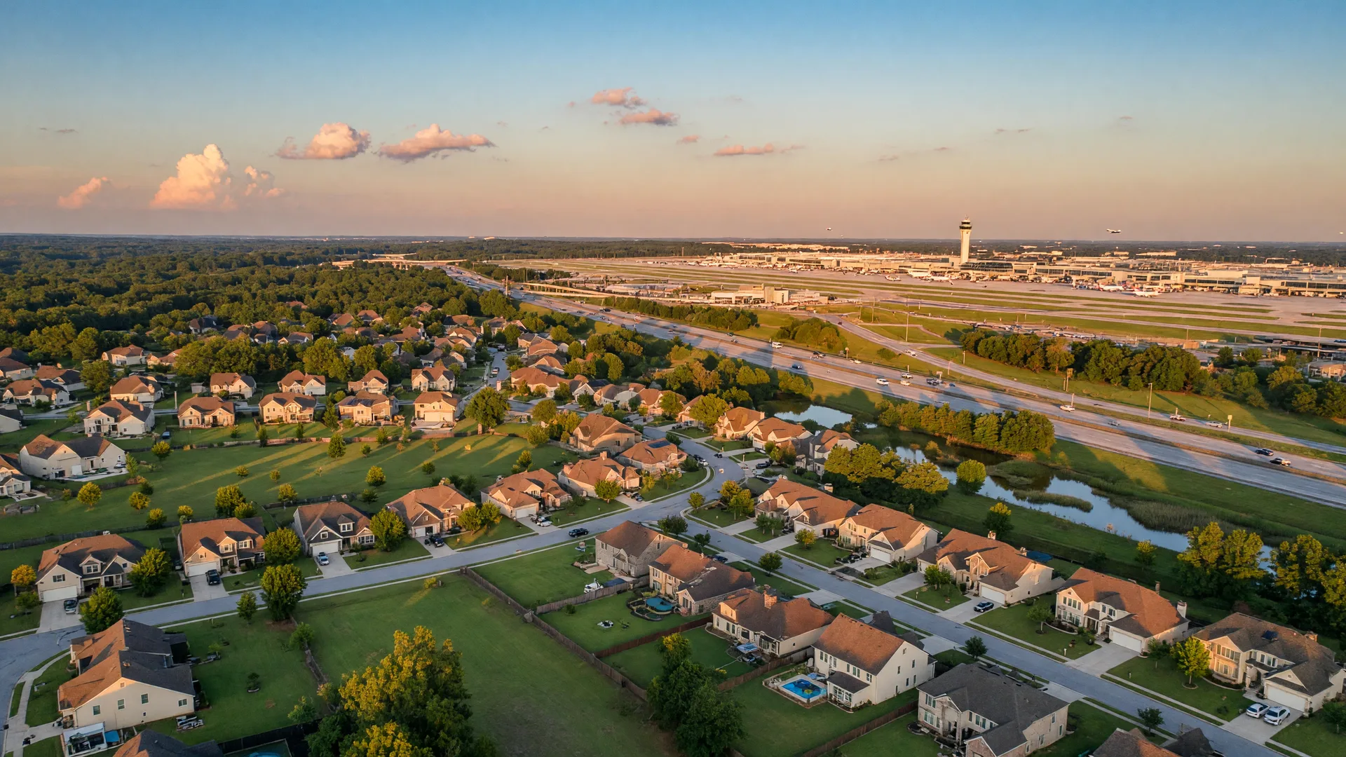 Aerial view of South Fulton Georgia neighborhoods and suburban communities