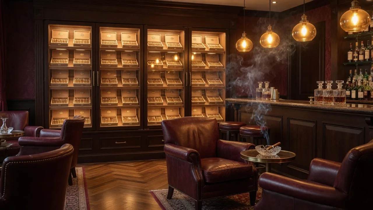 Upscale cigar lounge interior with warm amber lighting, leather club chairs, and a glass-fronted humidor display