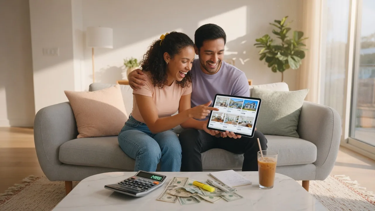 A happy couple reviewing home listings on a tablet with a calculator nearby, planning their Atlanta home purchase budget
